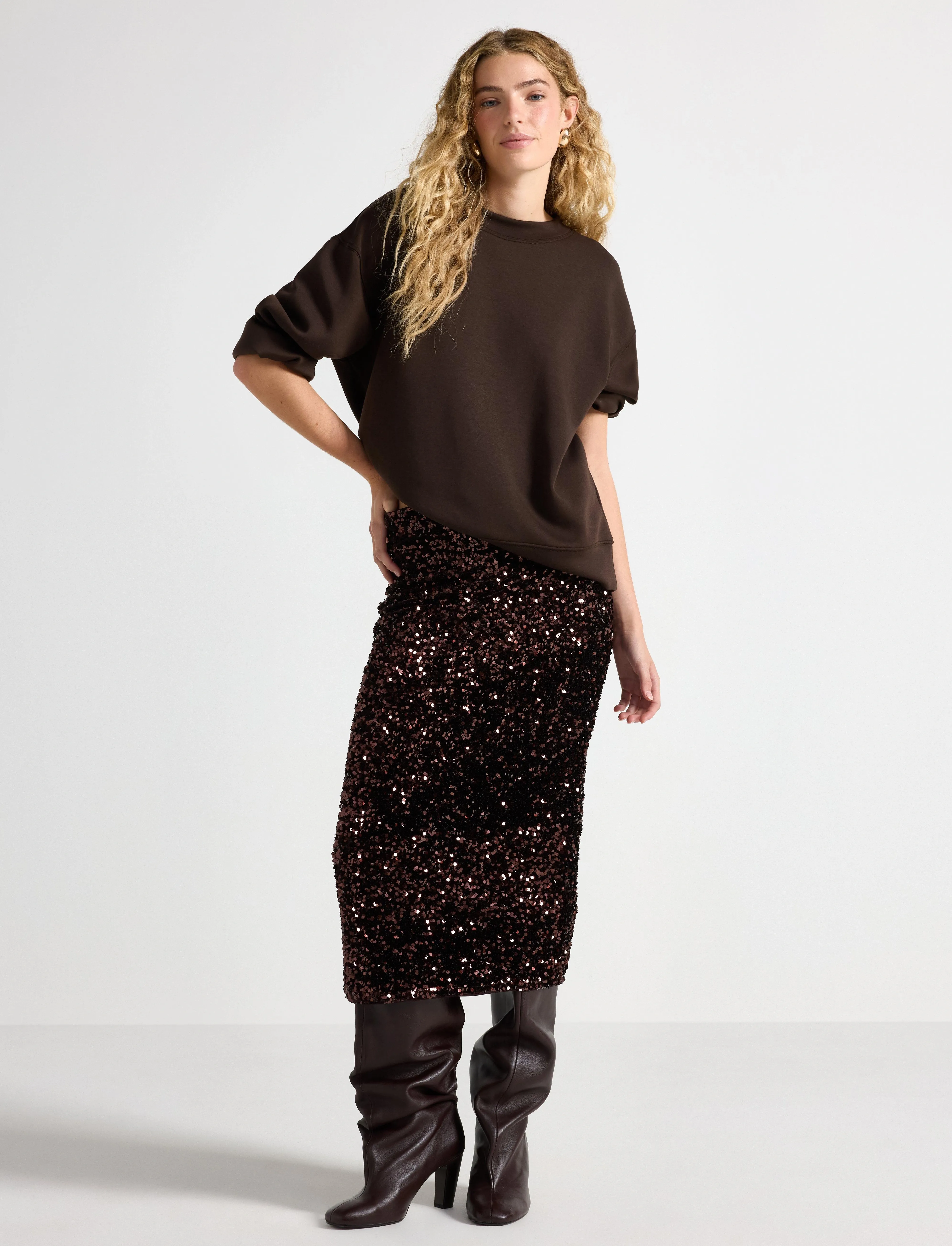 Lindex Midikjol Med Paljetter, Kvinder, Midi Paillet Nederdel, Brun, Str: XS