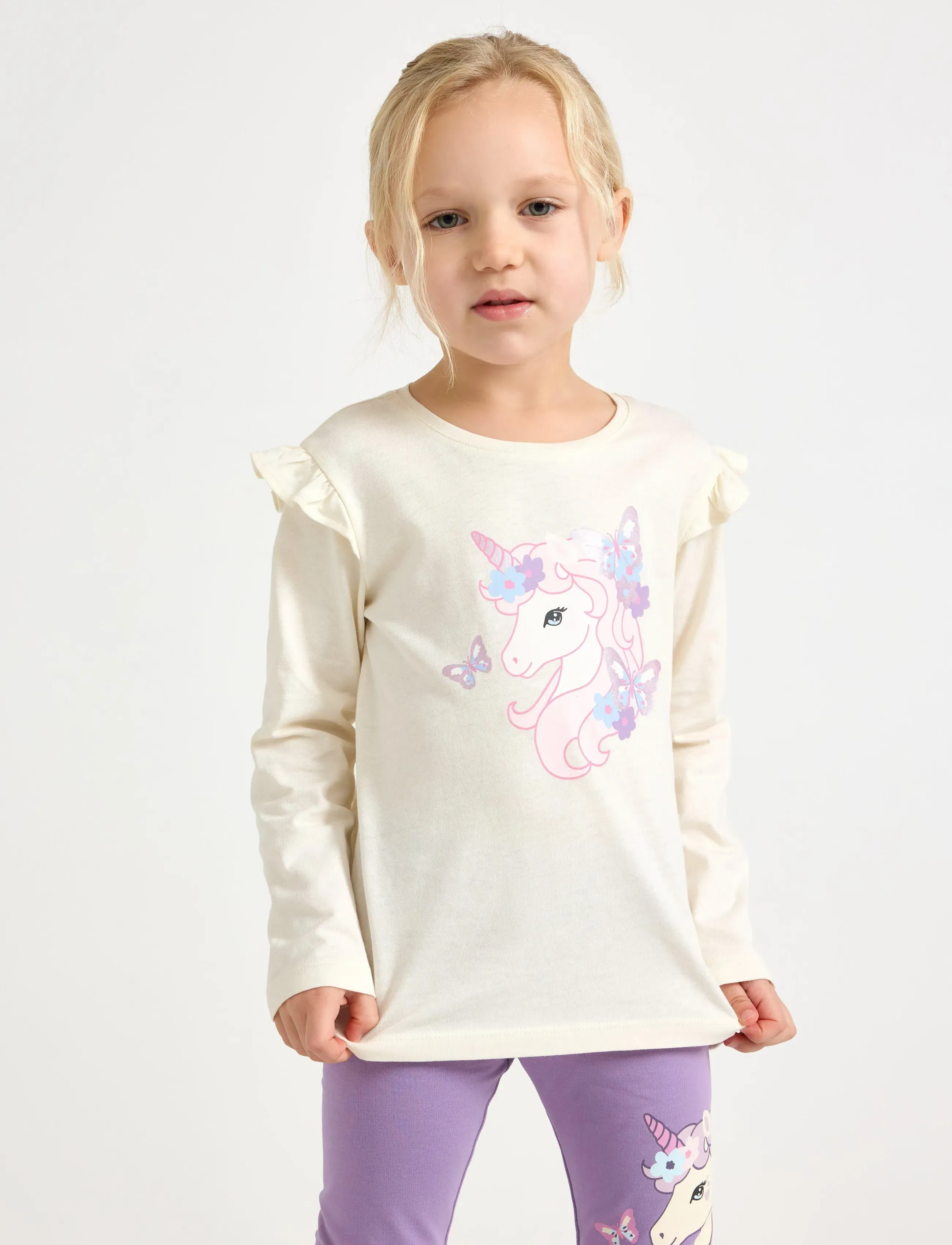 Lindex Top Ls Frill Detail Unicorn Pr, Børn, Langærmet Flæse Enhjørning Print Top, Cream, Str: 92