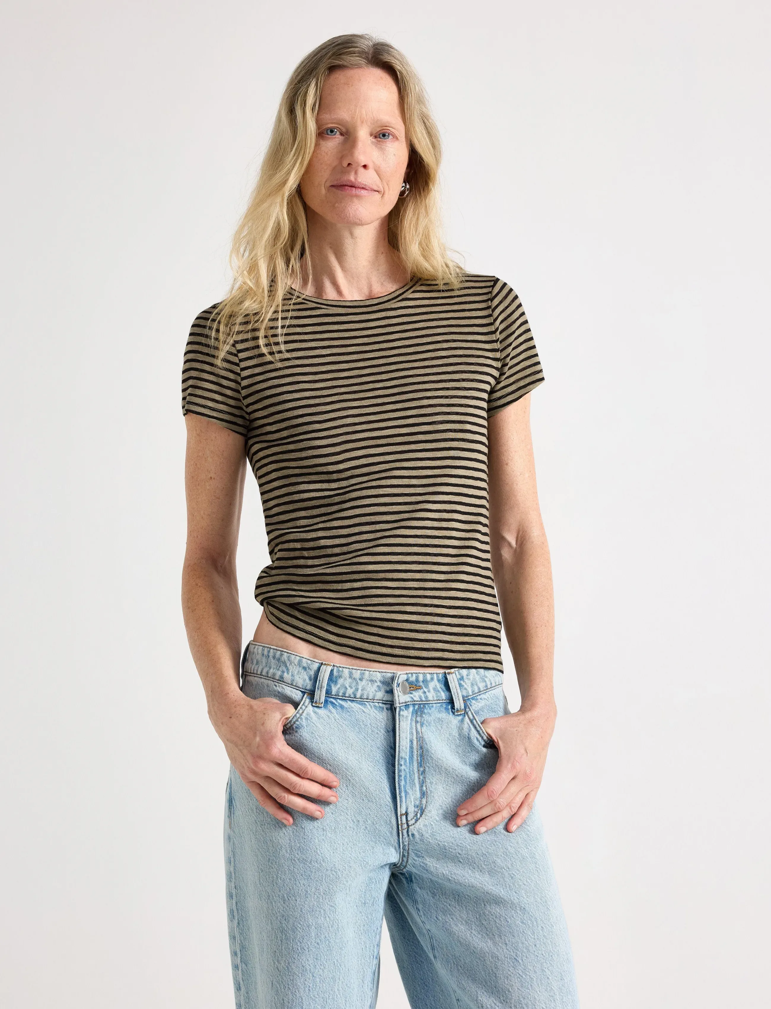 Lindex Top Bella shortsleeve - Lindex - LIGHT KHAKI / black