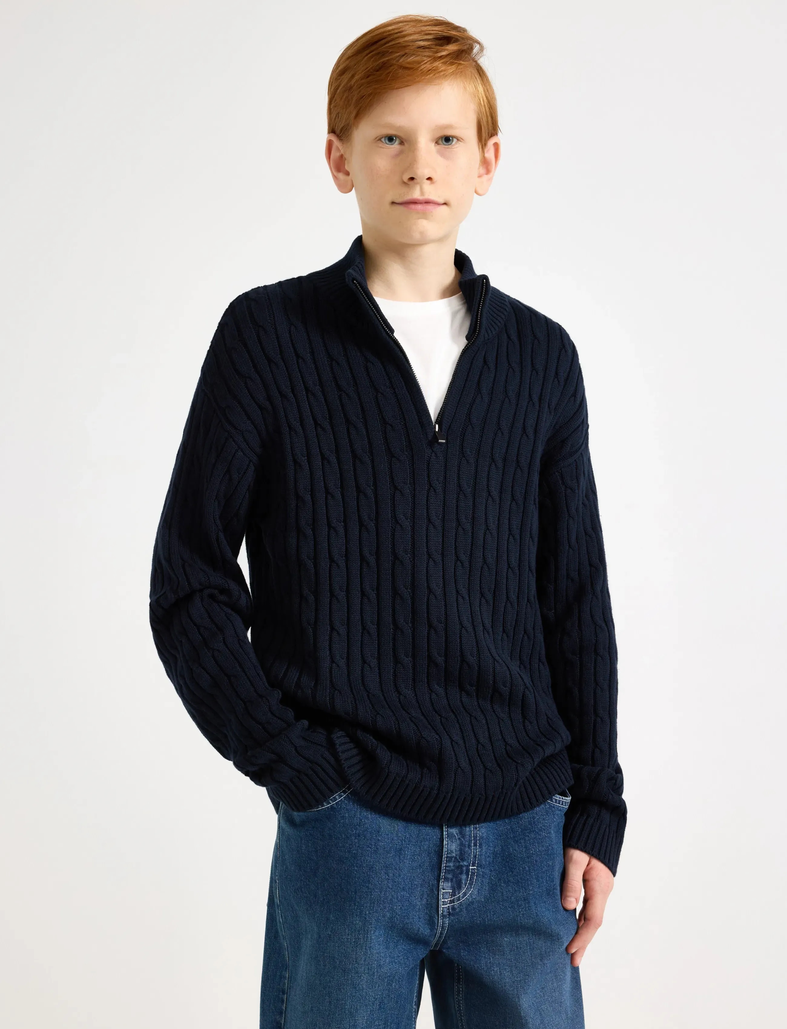 Lindex Cable-Knit Jumper, Børn, Halv Lynlås Kabelstrikket Trøje, Navy, Str: 146/152