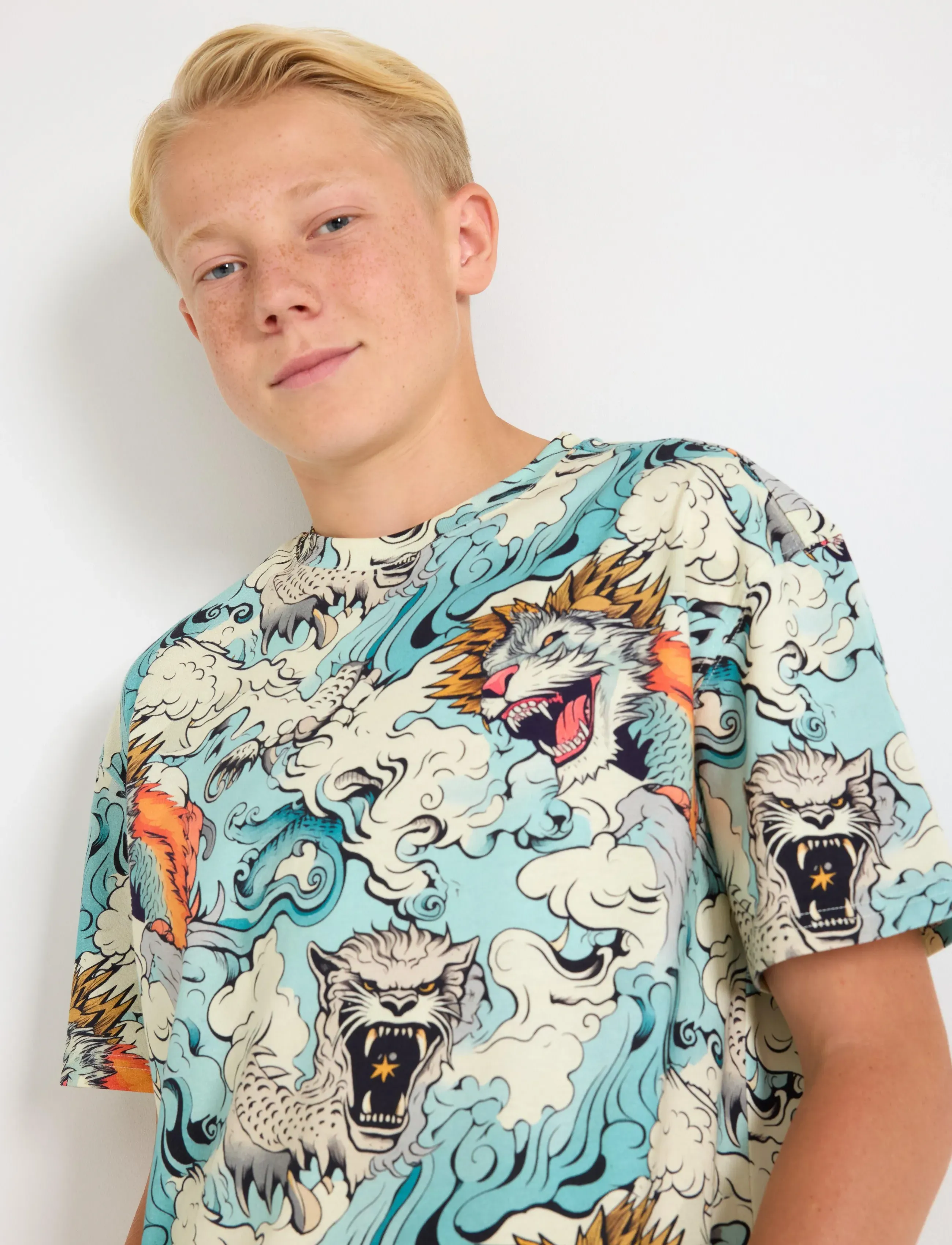 Lindex - T shirt wavy monster - light dusty turquoise - 4