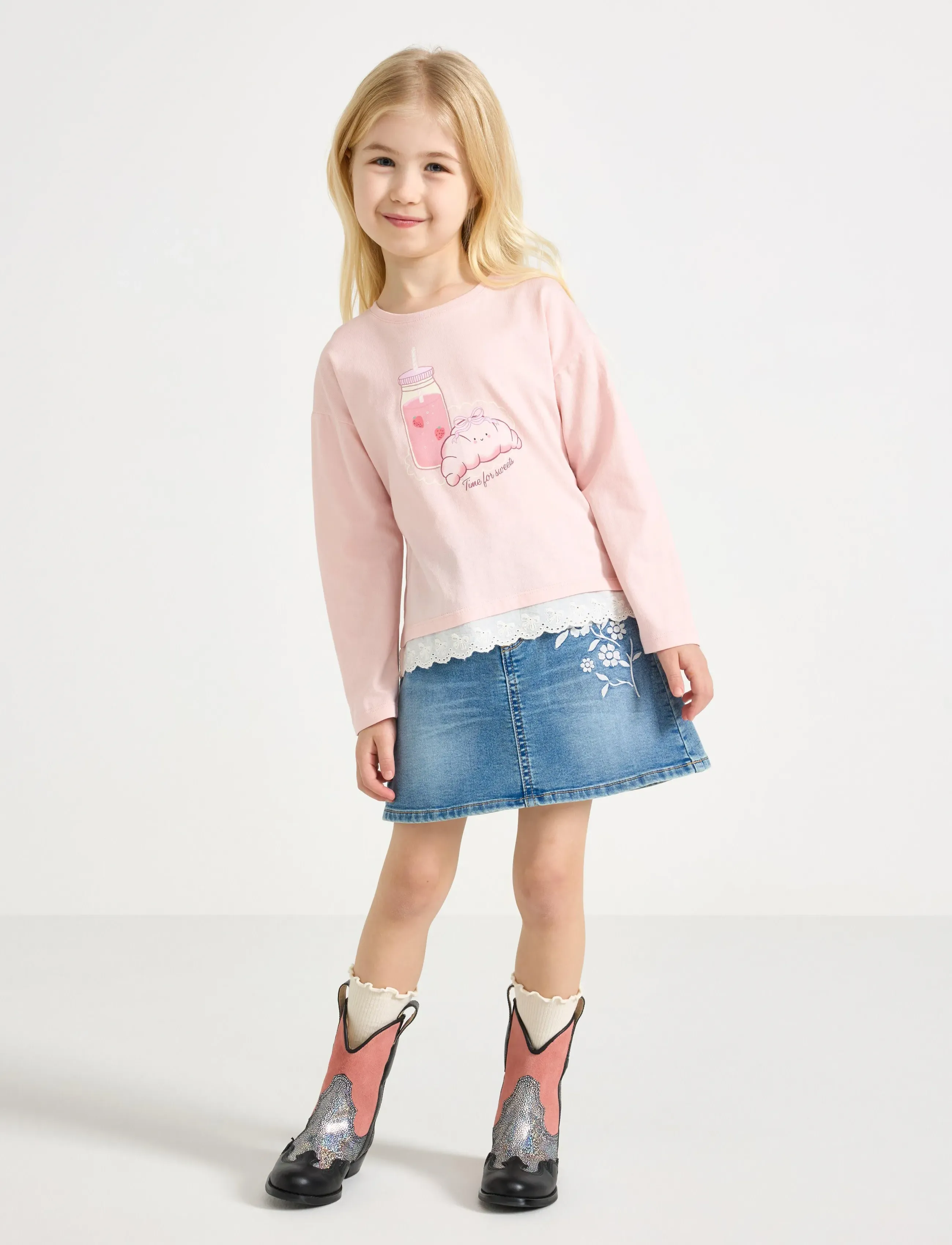 Lindex Skirt Denim Emb Flowers, Børn, Broderet Denim Nederdel, Blå, Str: 116