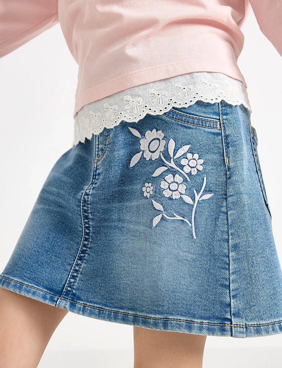 Lindex - skirt denim emb flowers - korte nederdele - denim - 4