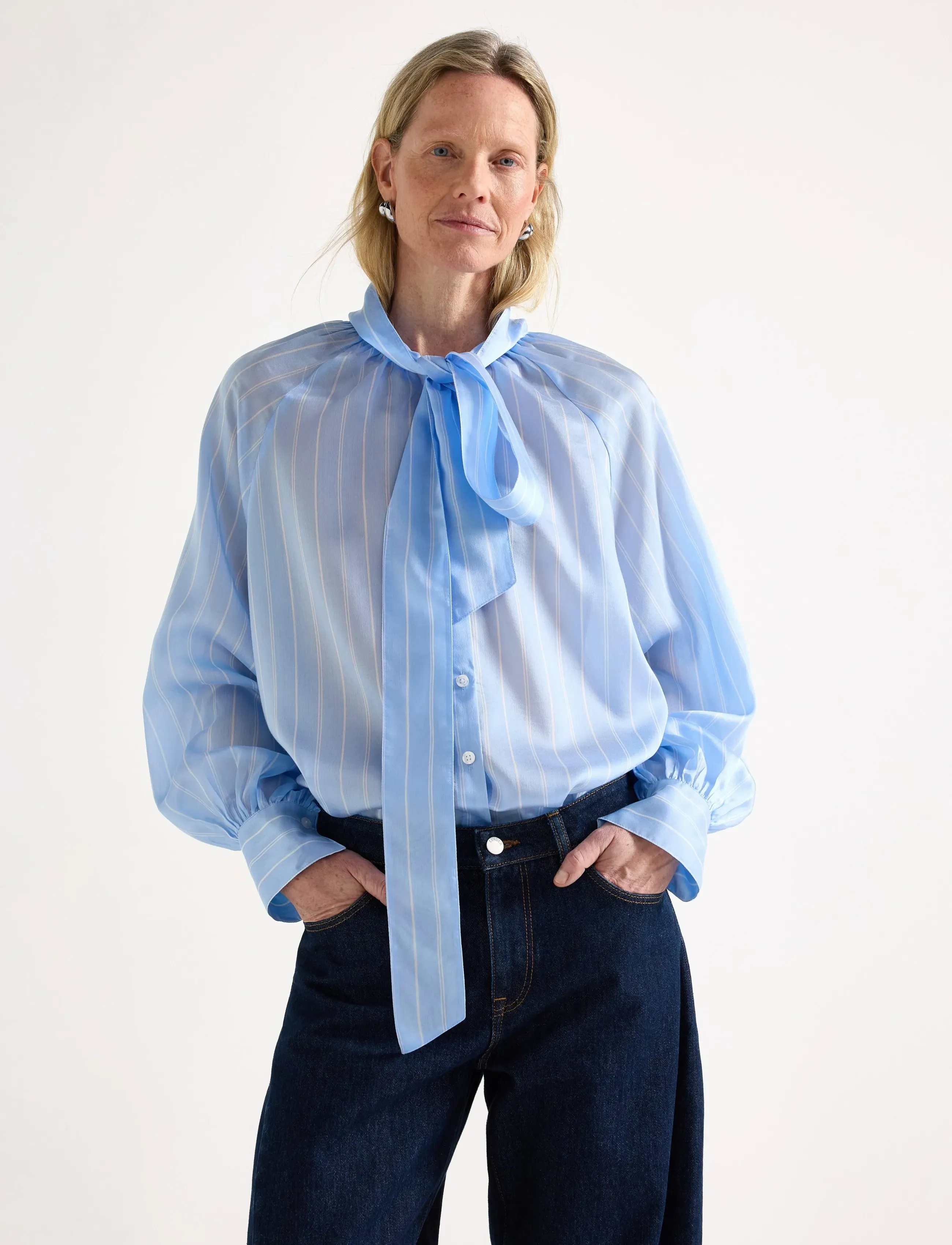 Lindex Blouse Silla, L, Blouses, Blau - Long-sleeved, Frauen