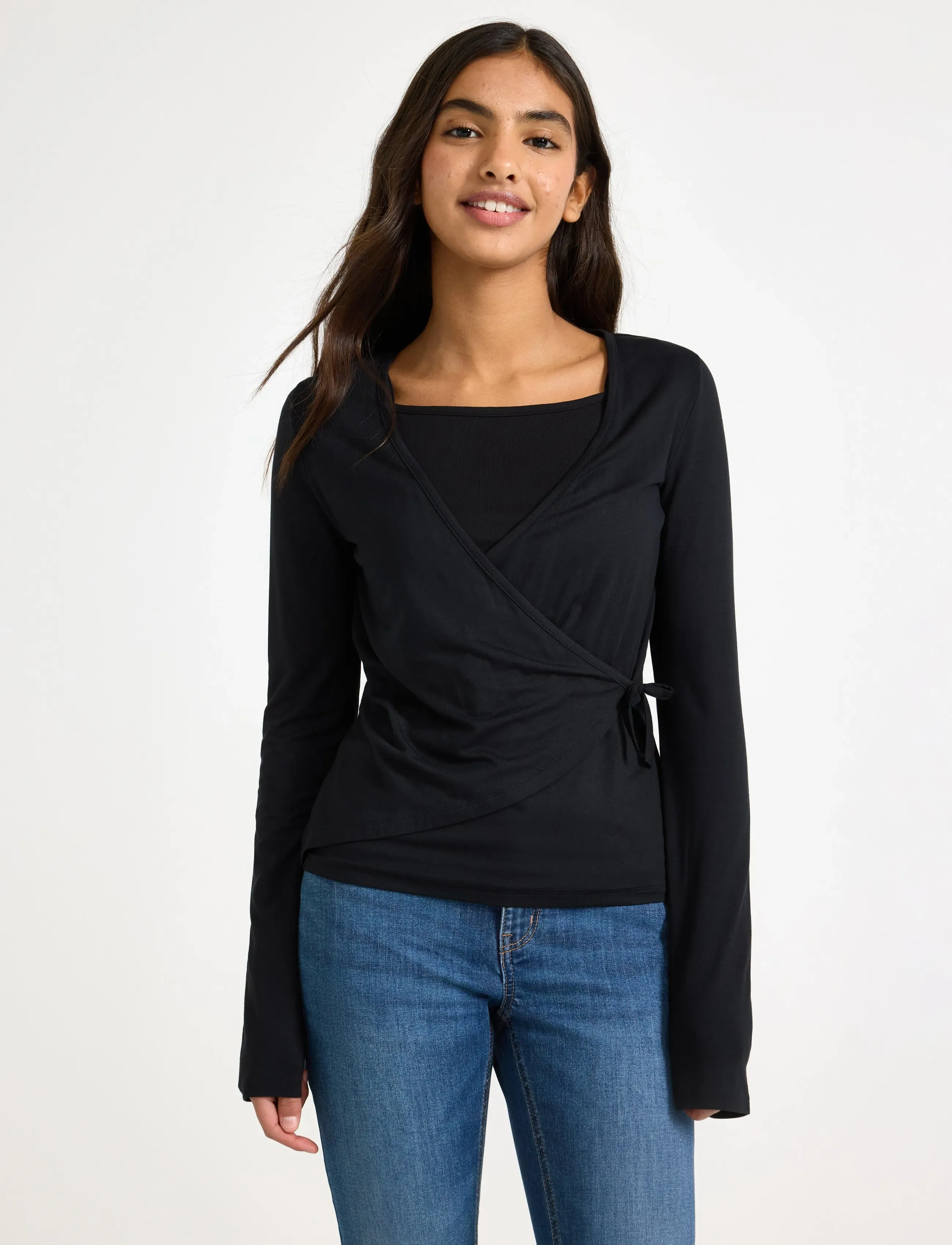 Lindex Long-Sleeved Wrap Top, Børn, Langærmet Slå Om Top, Sort, Str: 128