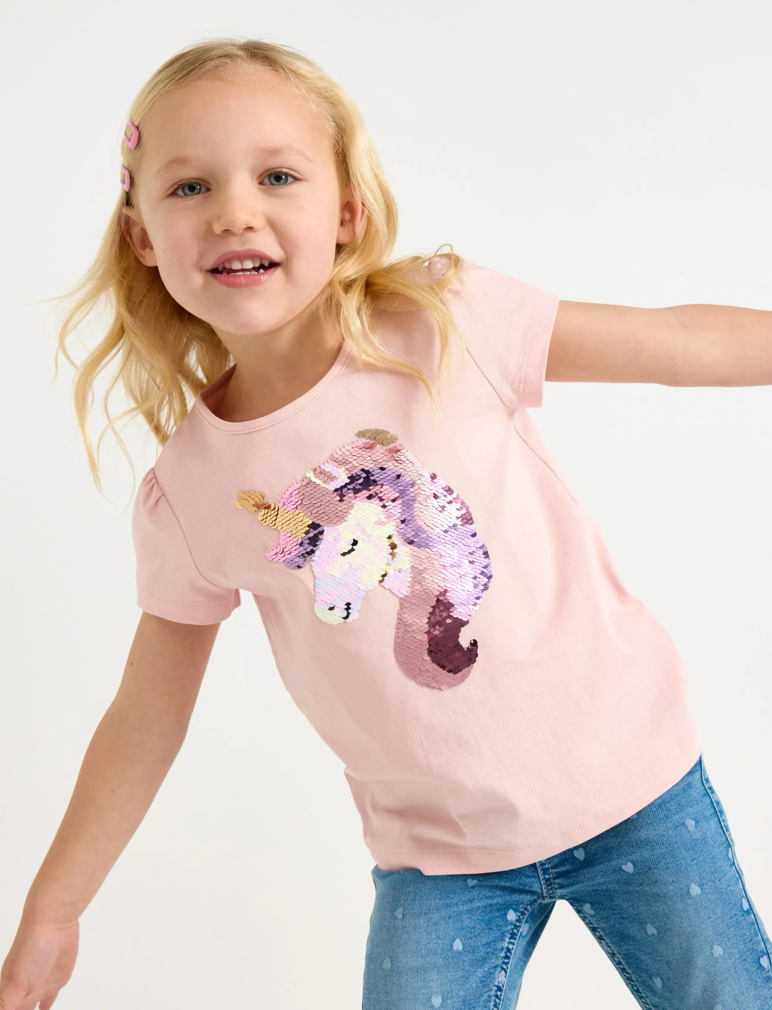 Lindex Short-Sleeved Top With Reversible Sequins Motif, Børn, Kortærmet Enhjørning Paillet Top, Pink, Str: 104