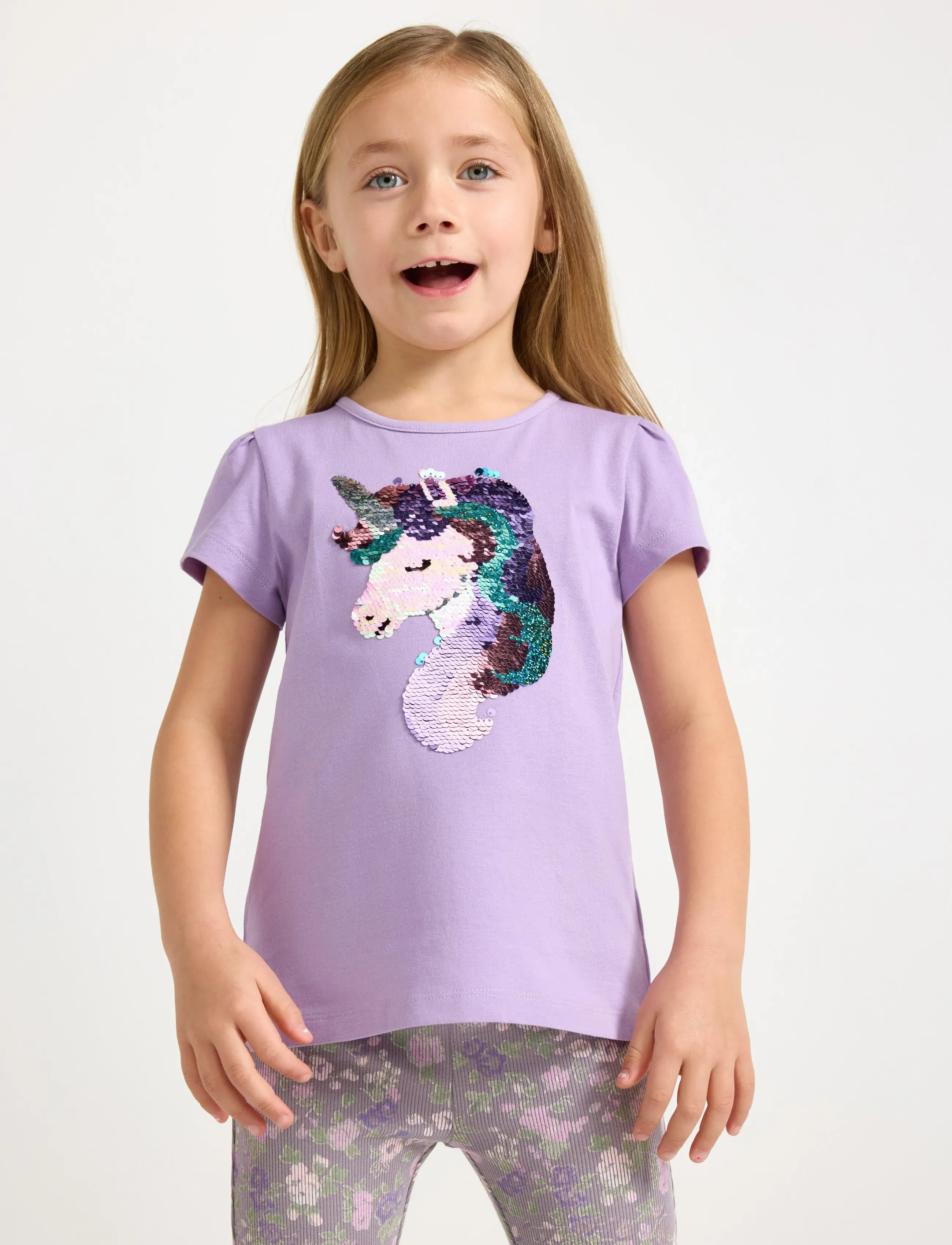 Lindex Short-Sleeved Top With Reversible Sequins Motif, 116, Purple, T-Shirts > Kortærmede, Børn