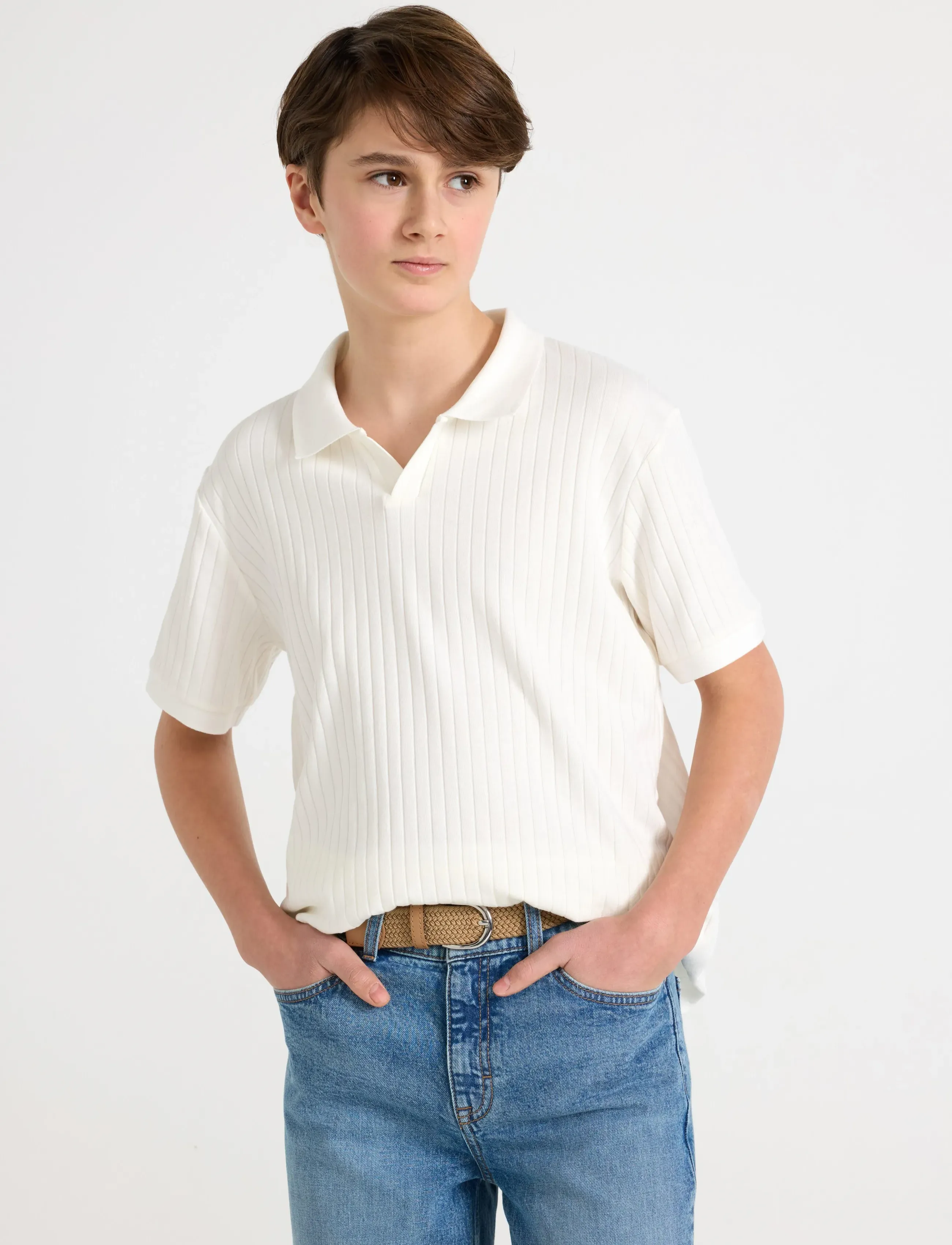 Lindex Ribbed Top With Collar, Børn, Ribstrikket Poloshirt, Cream, Str: 128
