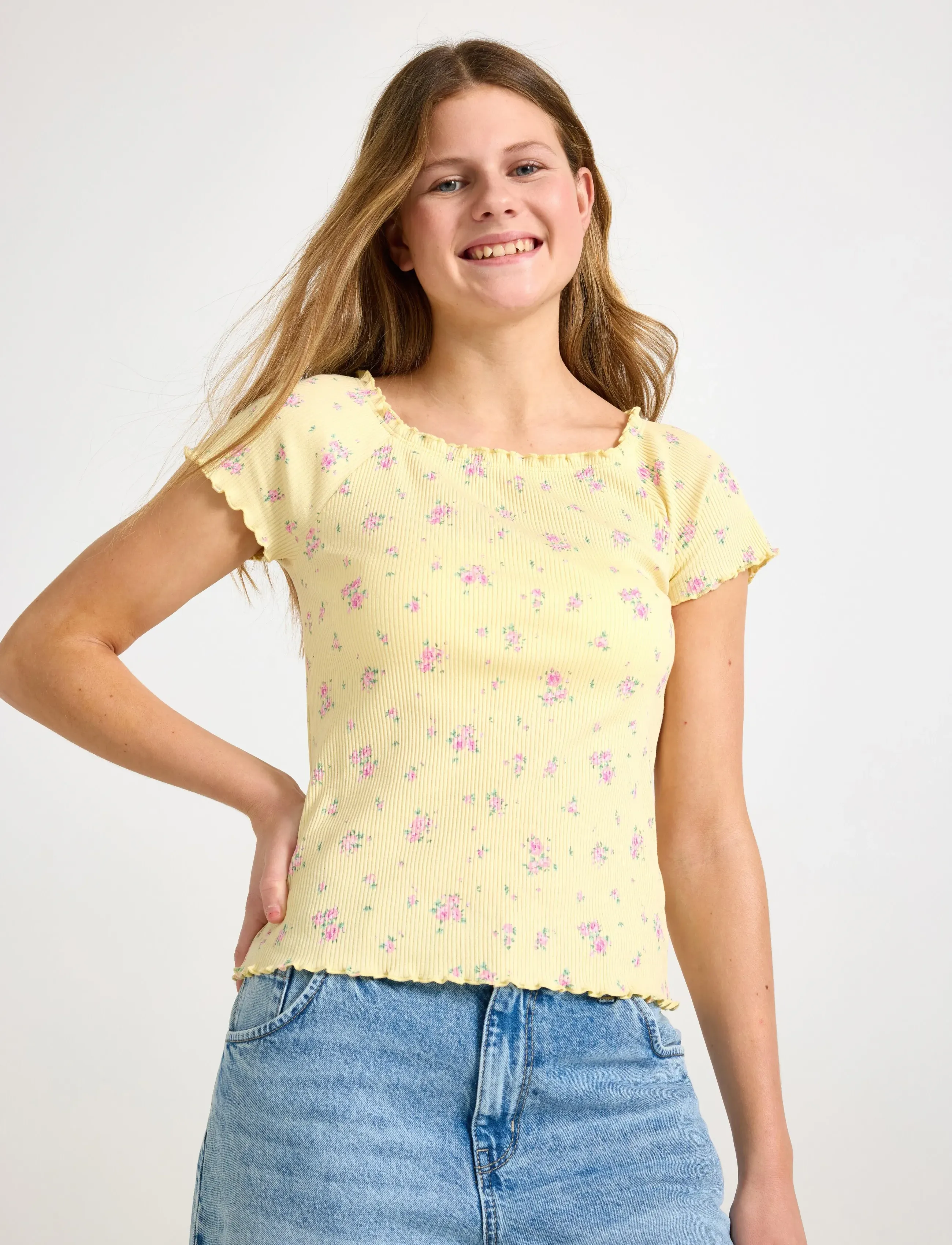 Lindex Ribbed Top, Børn, Kortærmet Firkantet Hals Ribstrikket Top, Gul, Str: 170