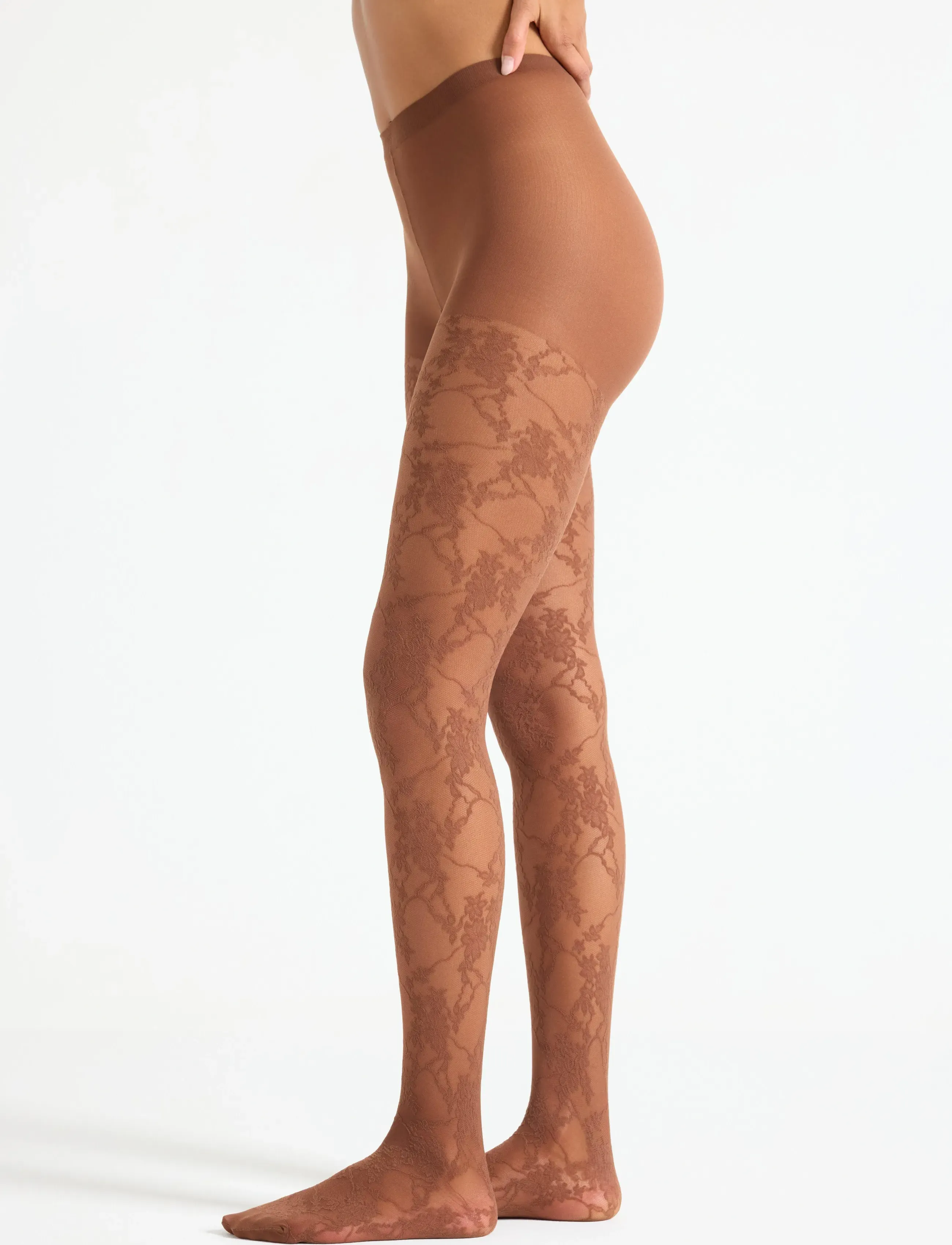 Lindex tights 30 den lace floral dais - Unterwäsche - DARK DUSTY BROWN / brown