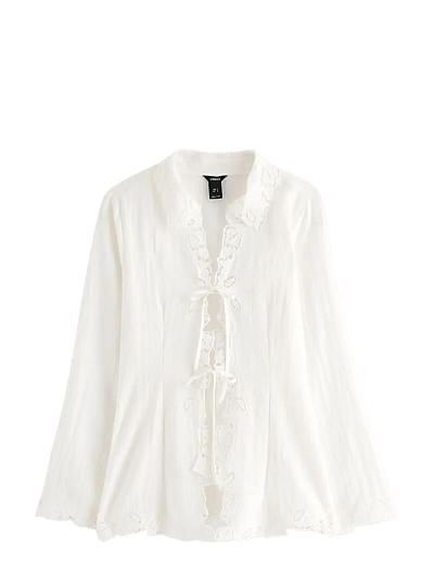 Embroidered Blouse With Tie Band - LangæRmede Bluser