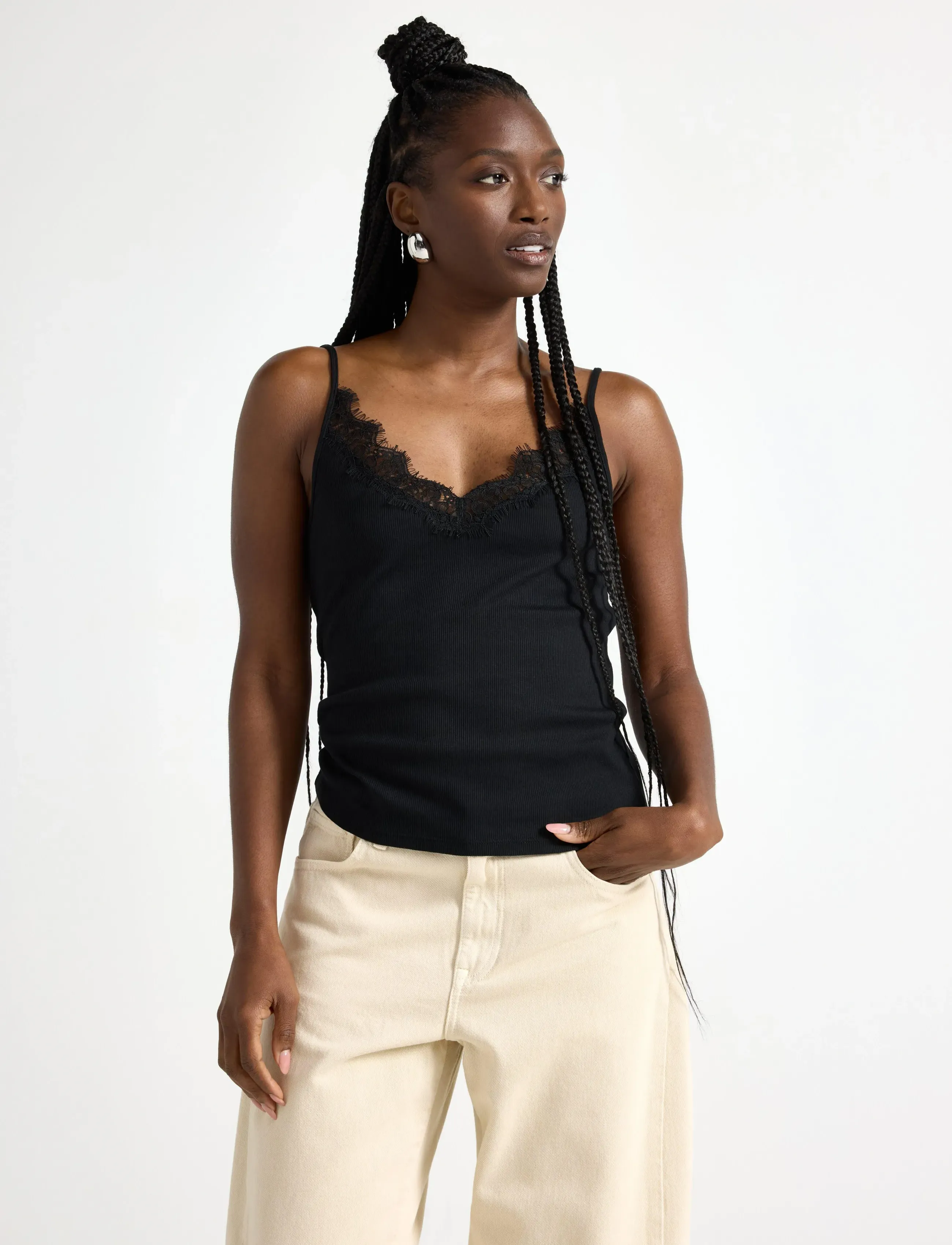 Lindex Ribbed Camisole, Kvinder, Blondekantet Ribbet Camisole, Sort, Str: S