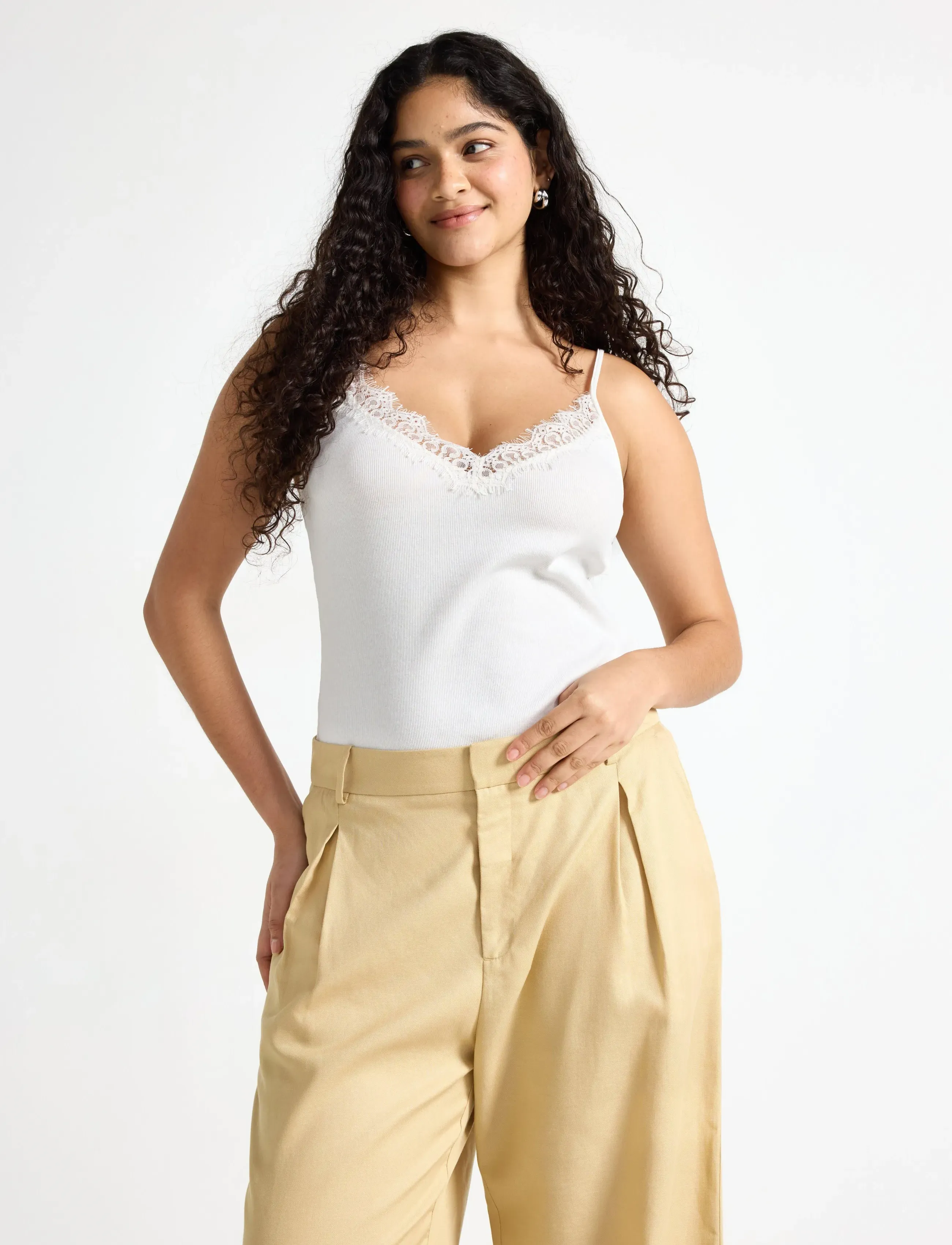 Lindex Ribbed Camisole, Kvinder, Blondekantet Ribbet Camisole, Cream, Str: S