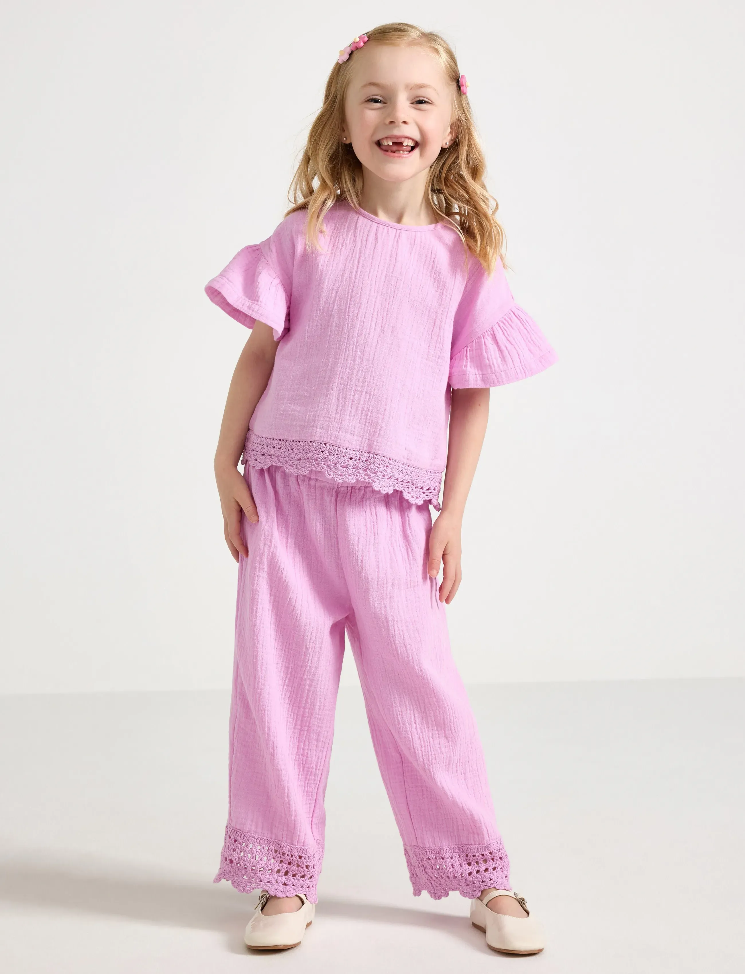 Lindex Trousers In Cotton Gauze, Børn, Gaze Trekvart Bukser, Lila, Str: 92