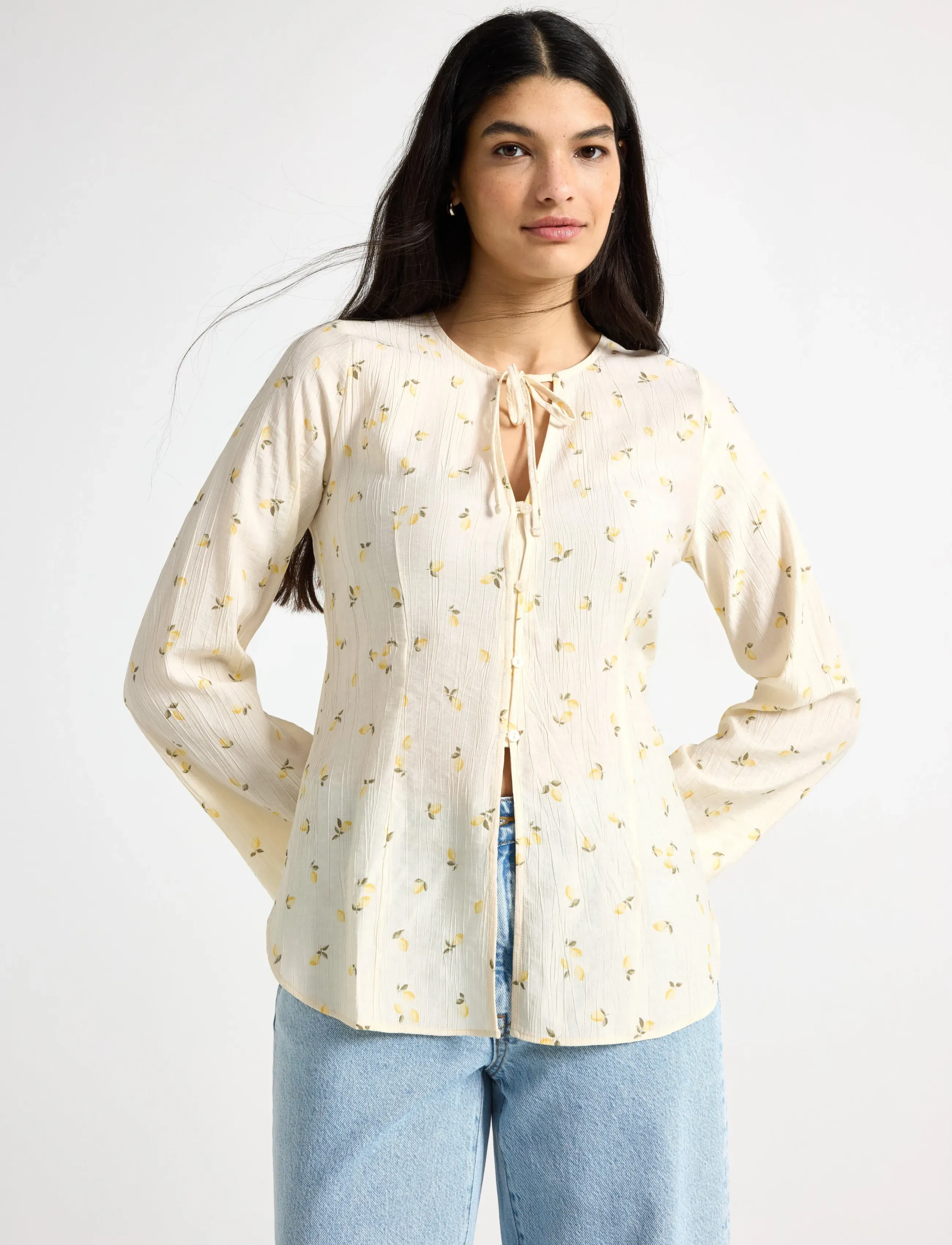 Lindex Long-Sleeved Blouse, Kvinder, Mønstret V-Hals Bluse, Gul, Str: S