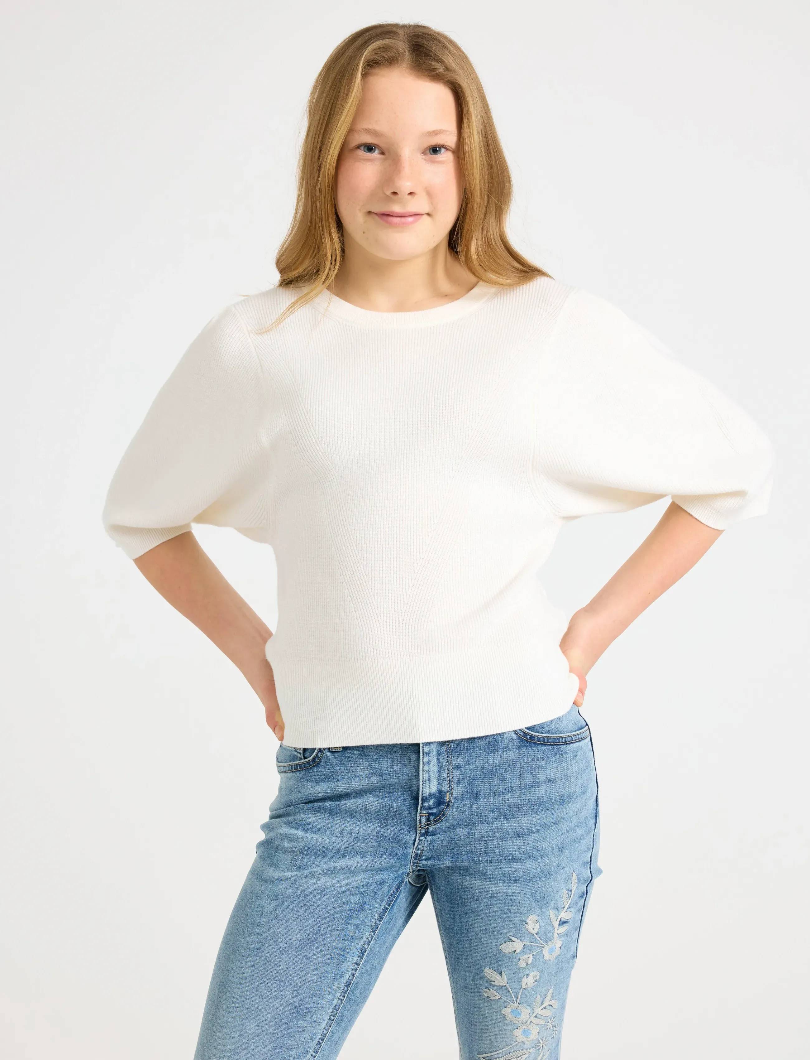 Lindex Top Knitted Big Sleeve, 128, Cream, Strik > Pullovere, Børn