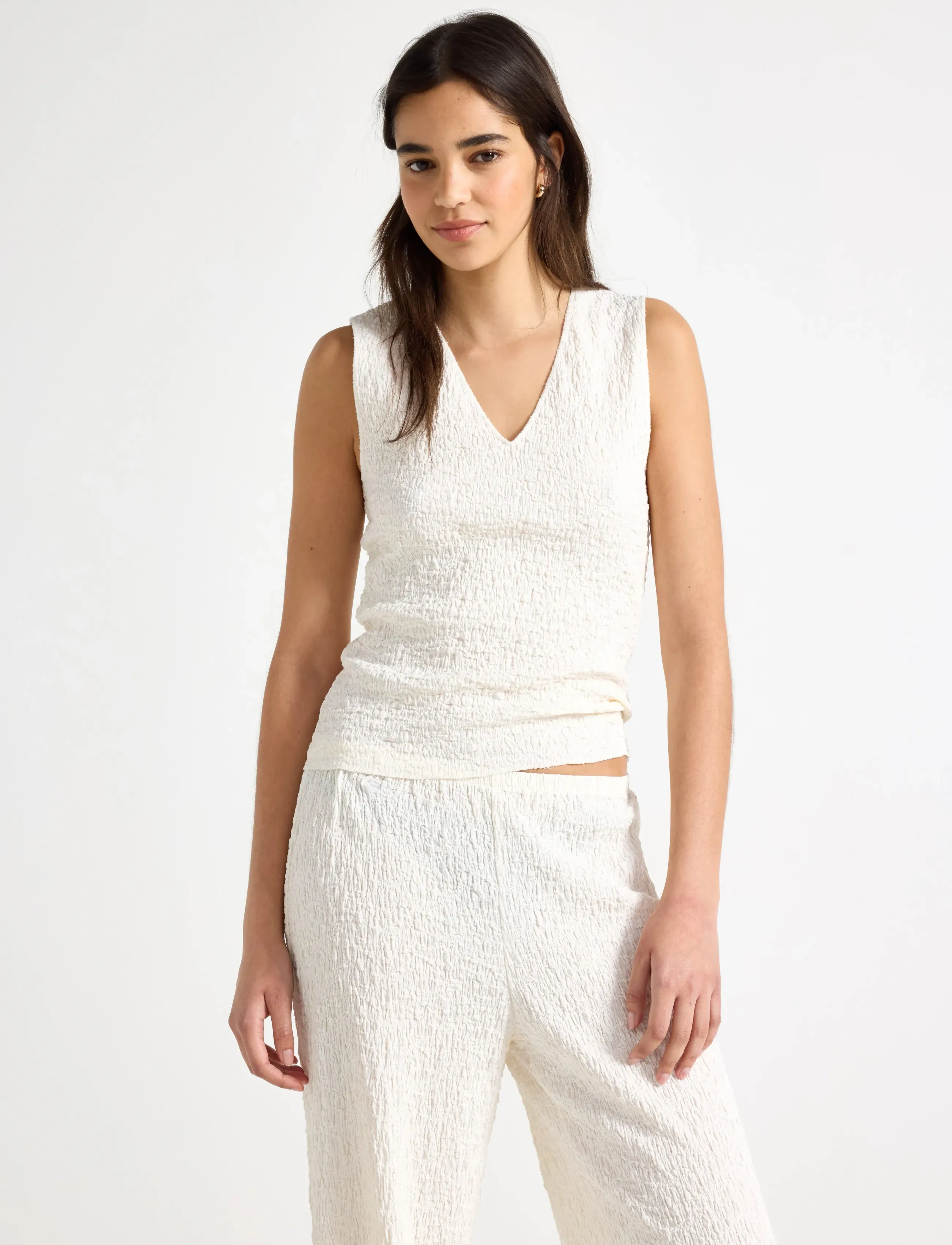 Lindex Sleeveless Top, Kvinder, Tekstureret V-Hals Ærmeløs Top, Cream, Str: XS