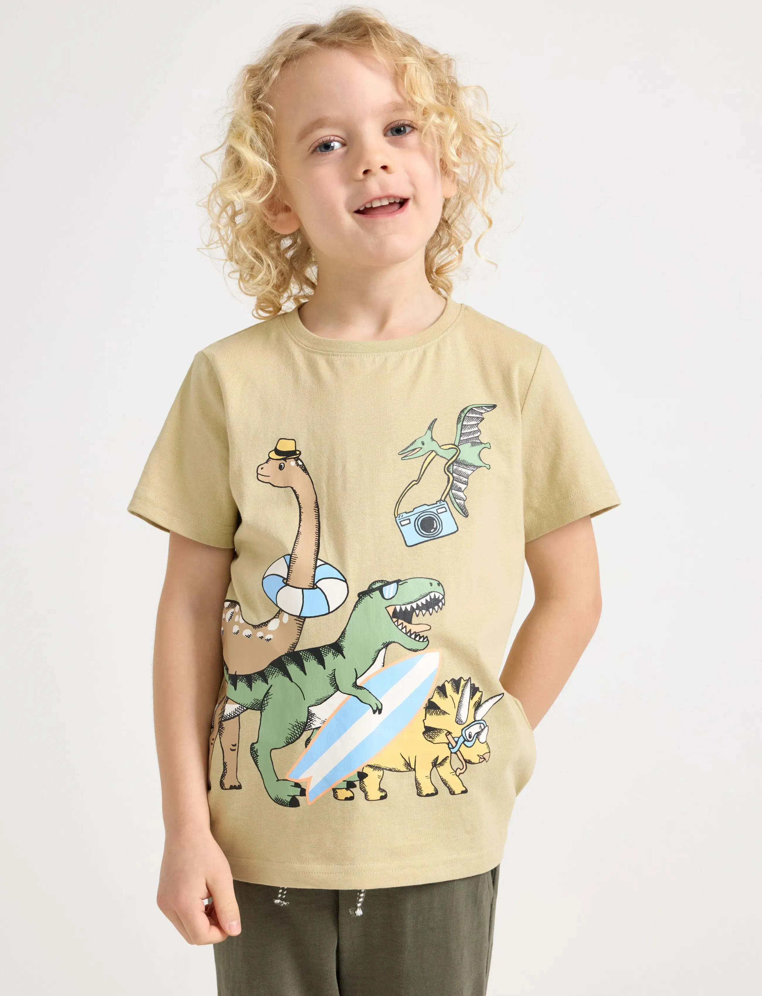 Lindex Short-Sleeved Top, 122/128, T-shirts, Khakigrün - Short-sleeved, Kinder