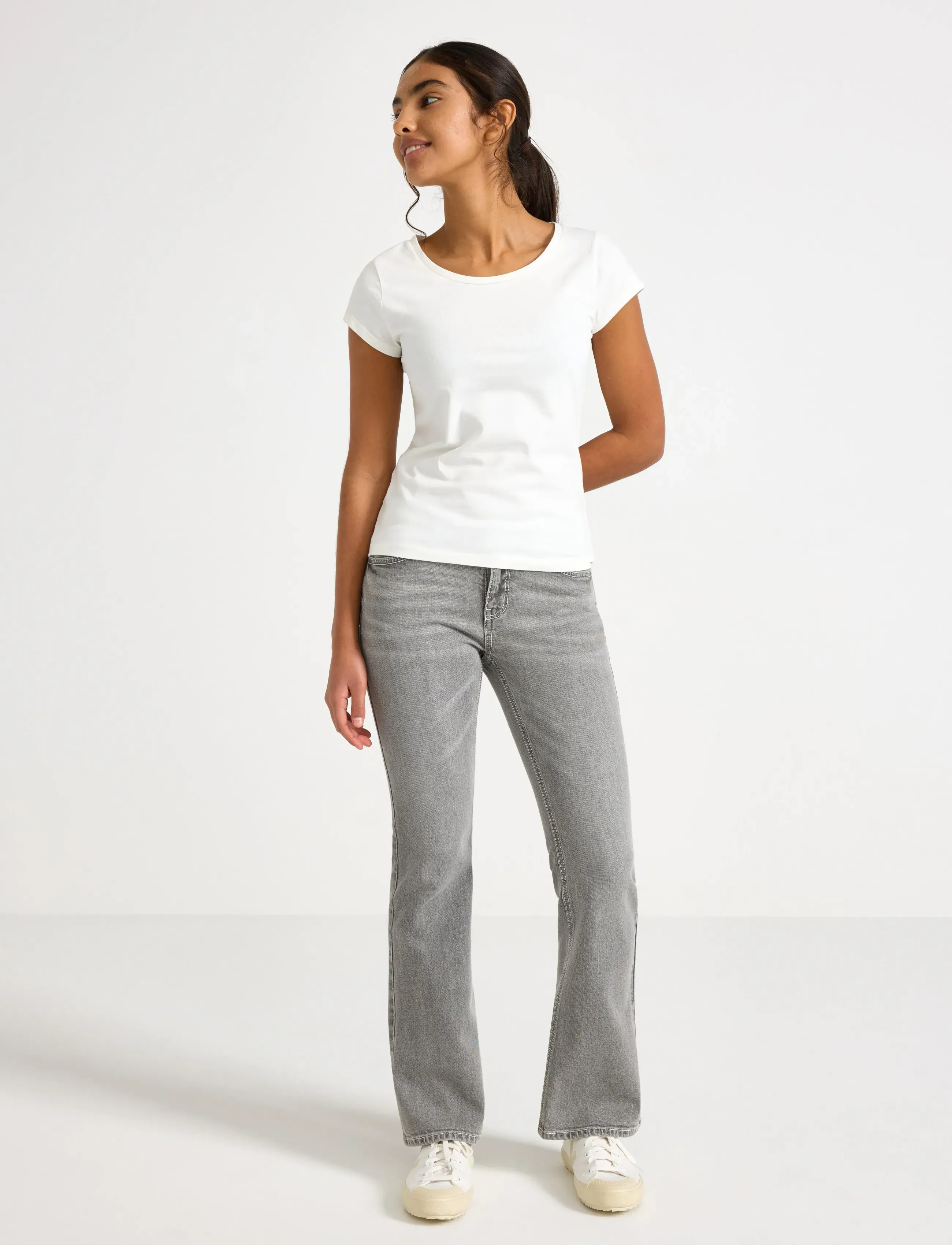 Lindex Freja Flared Leg Jeans With Decorated Back Pockets, Børn, Trompetbukser, Grå, Str: 158