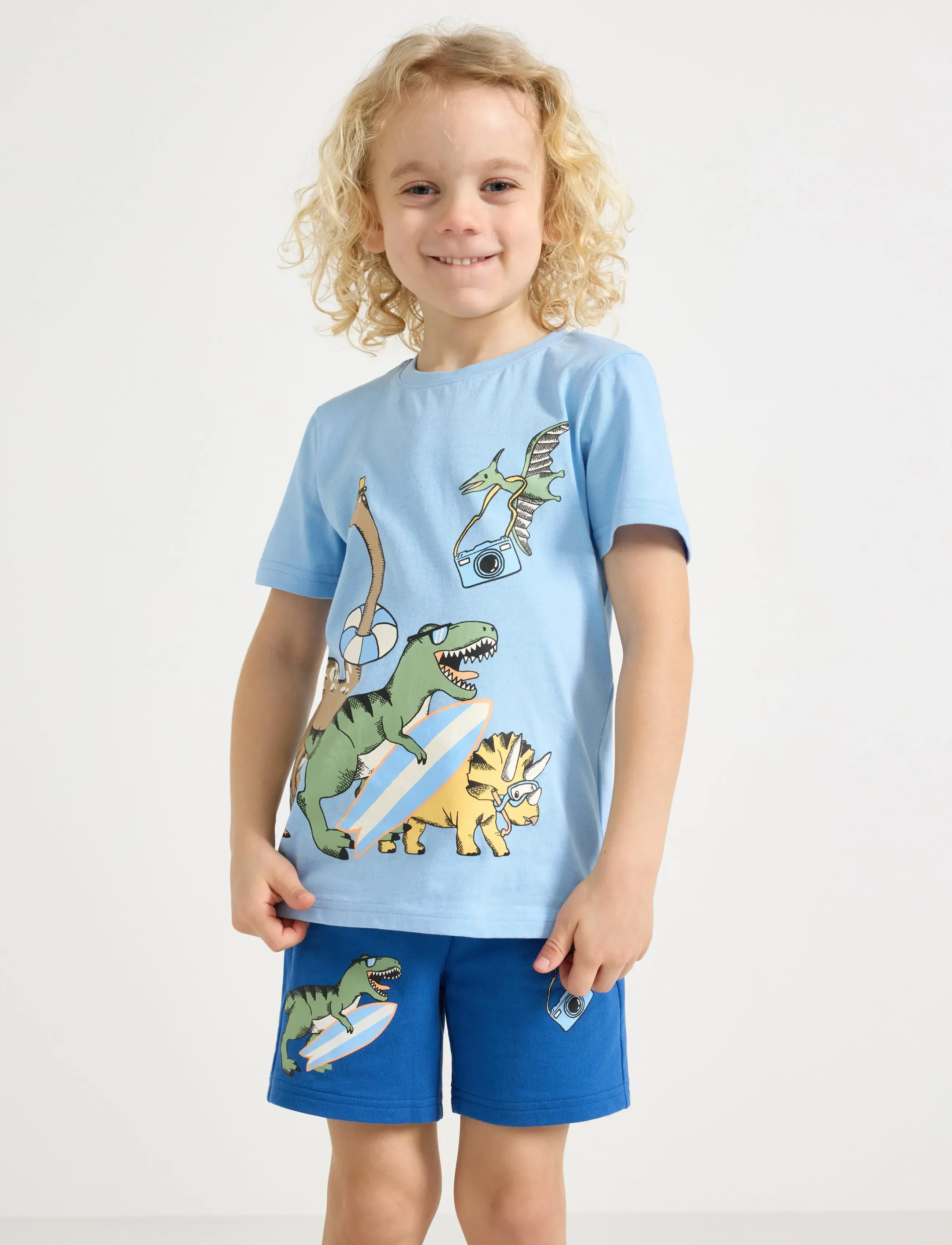 Lindex 2-Pack Short-Sleeved Tops, Børn, 2-Pak Kortærmede Toppe Med Dinosaurprint, Blå, Str: 92