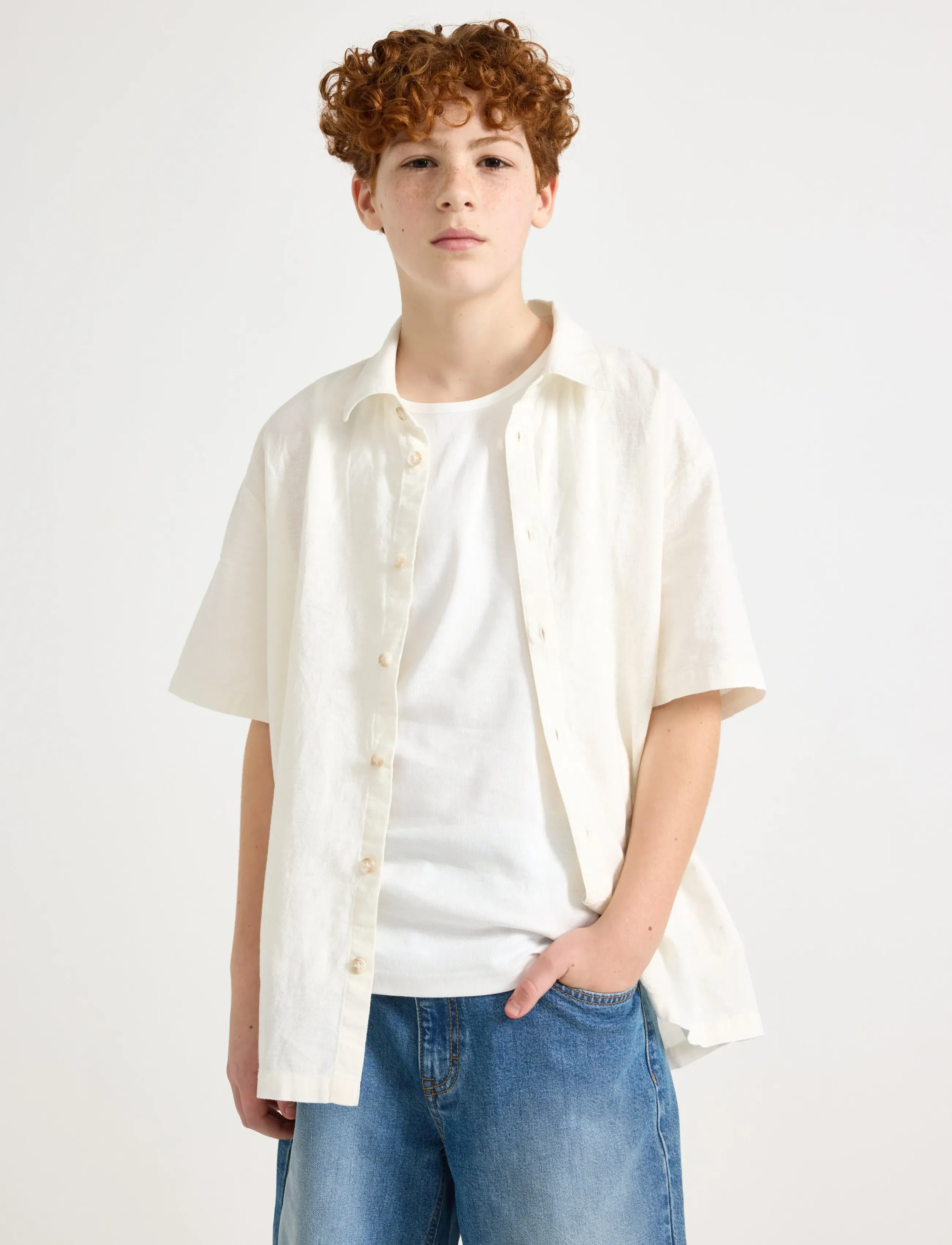 Lindex Shirt In Linen Blend, 128, Cream, Skjorter > Kortærmede Shirts, Børn