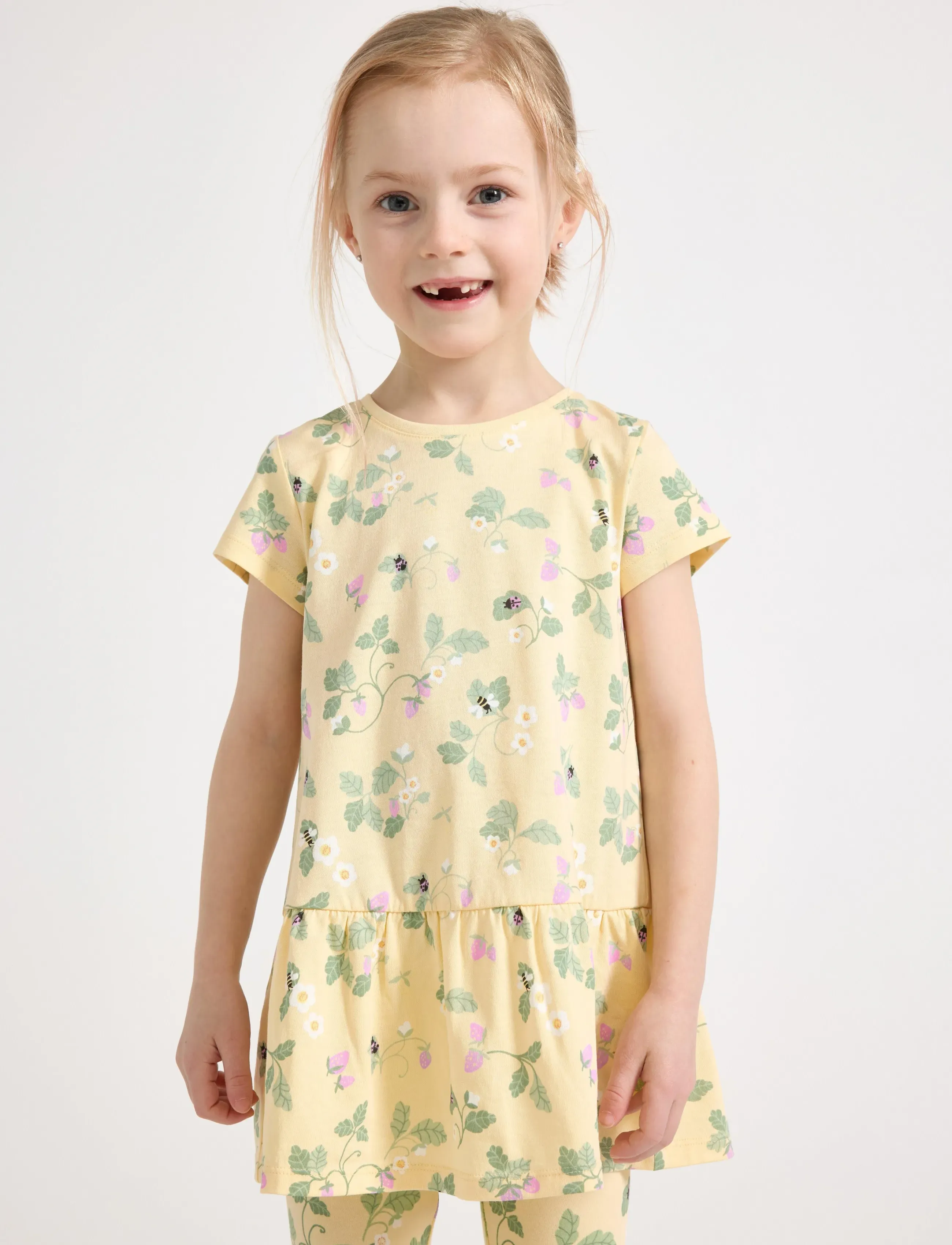 Lindex Short-Sleeved Tunic, Børn, Mønstret Kortærmet Tunika, Gul, Str: 110