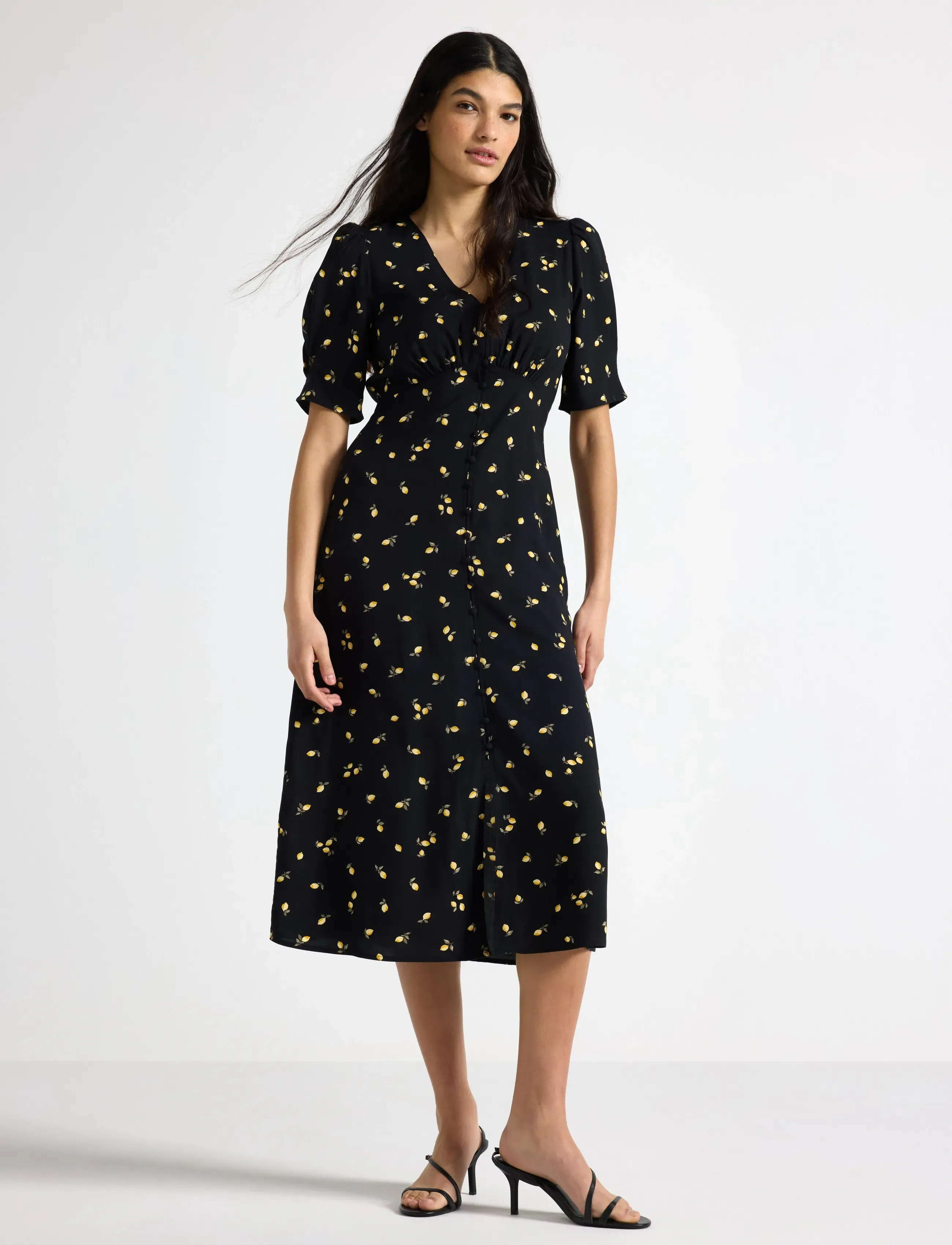 Lindex Midi Dress With Puff Sleeves, XS, Black, Kjoler > Knælange Og Midi, Dame