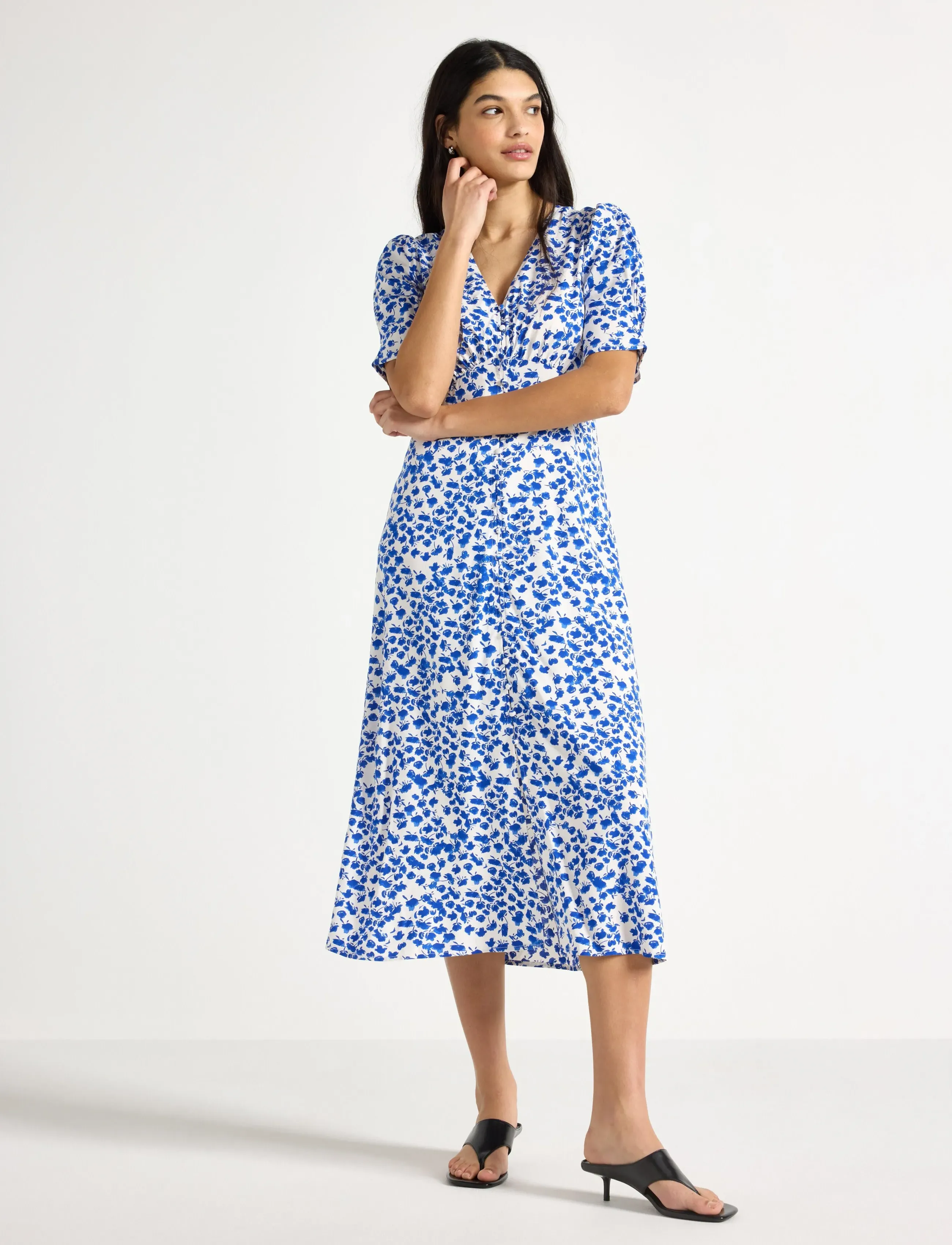 Lindex Midi Dress With Puff Sleeves, XXL, White, Kjoler > Knælange Og Midi, Dame