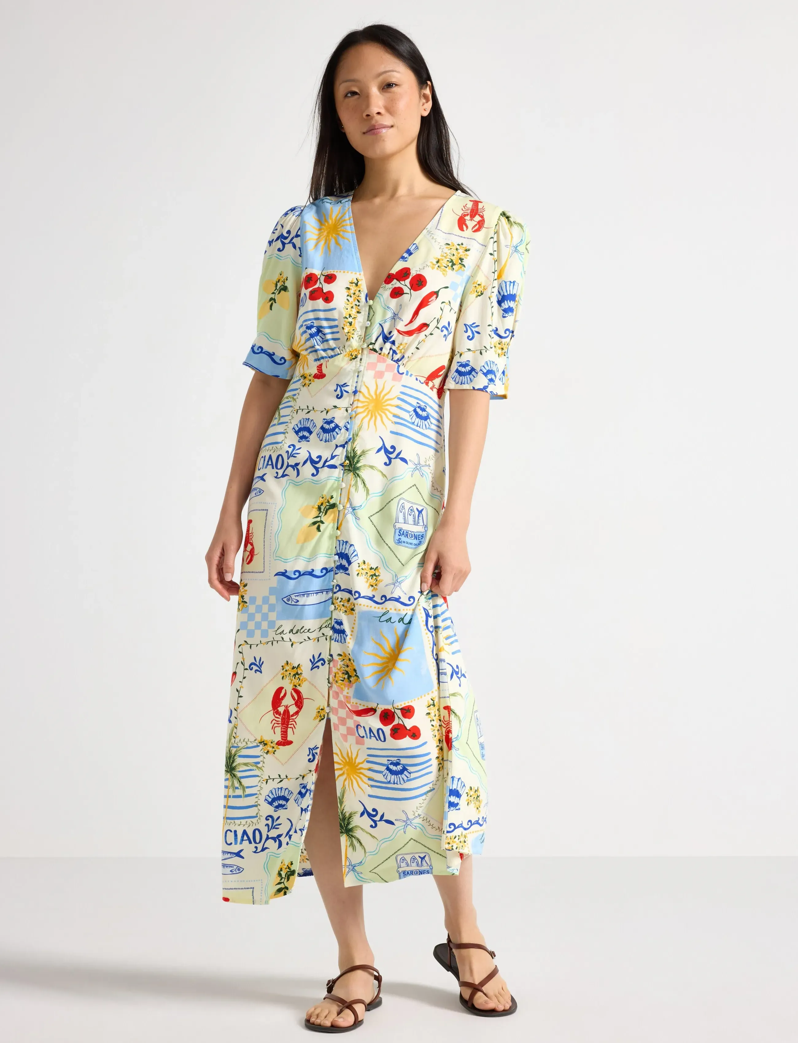 Lindex Midi Dress With Puff Sleeves, Kvinder, Puffærmet Midikjole, Multi/mønstret, Str: S