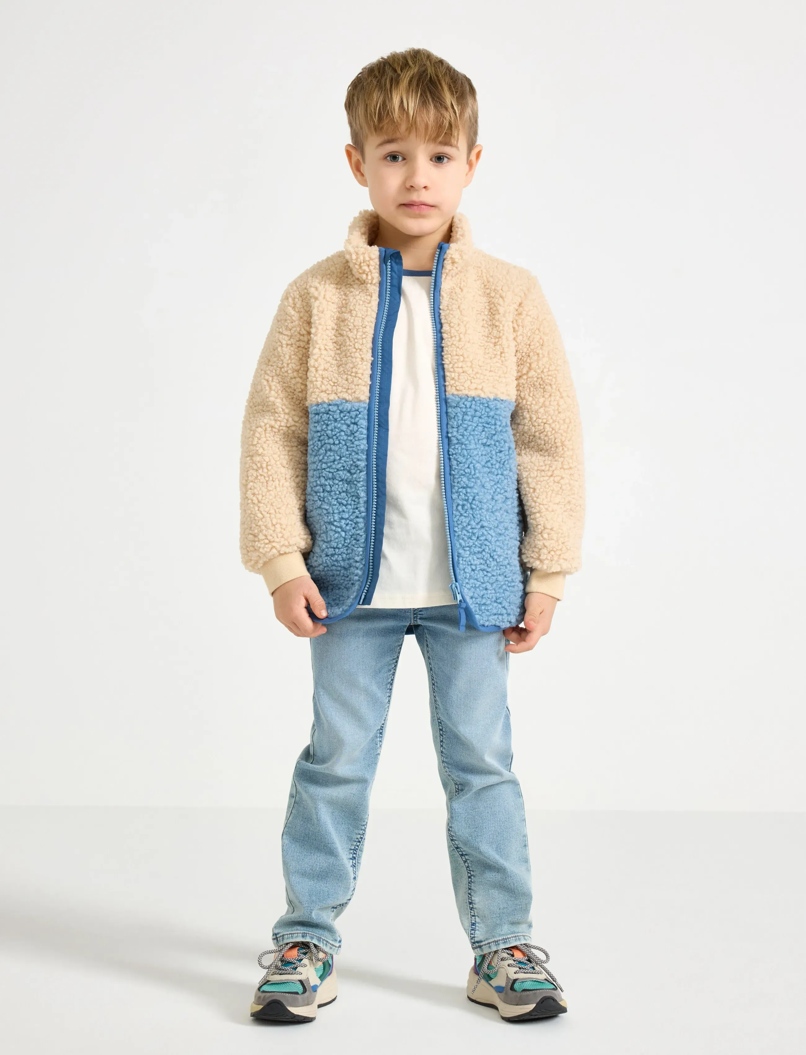 Lindex Jacket Pile Colourblock, Børn, Farveblok Fleecejakke, Beige, Str: 98