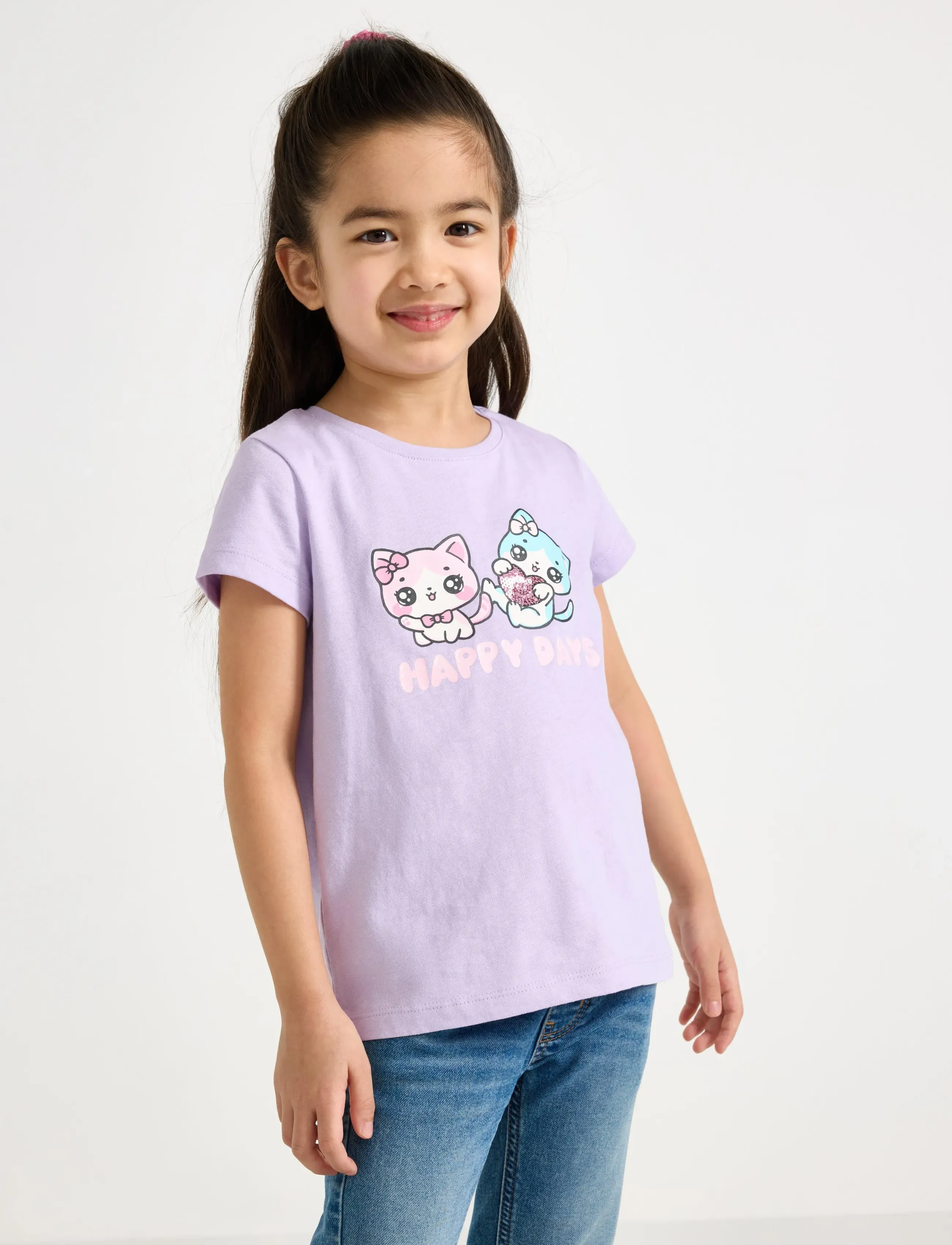 Lindex Top Ss Cats With Sequins Plcem, 92, Purple, T-Shirts > Kortærmede, Børn