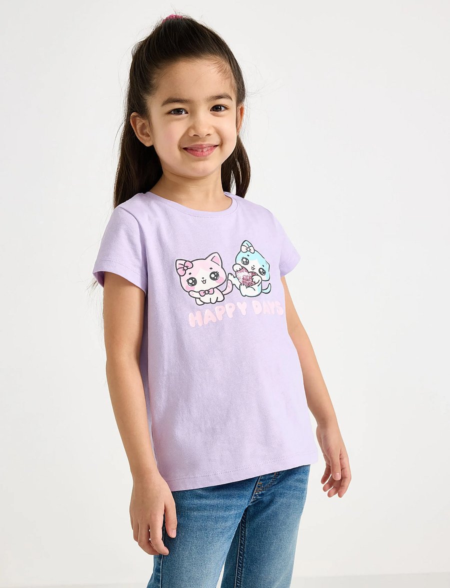Lindex - Top ss cats with sequins plcem - kurzärmelige - light lilac - 0