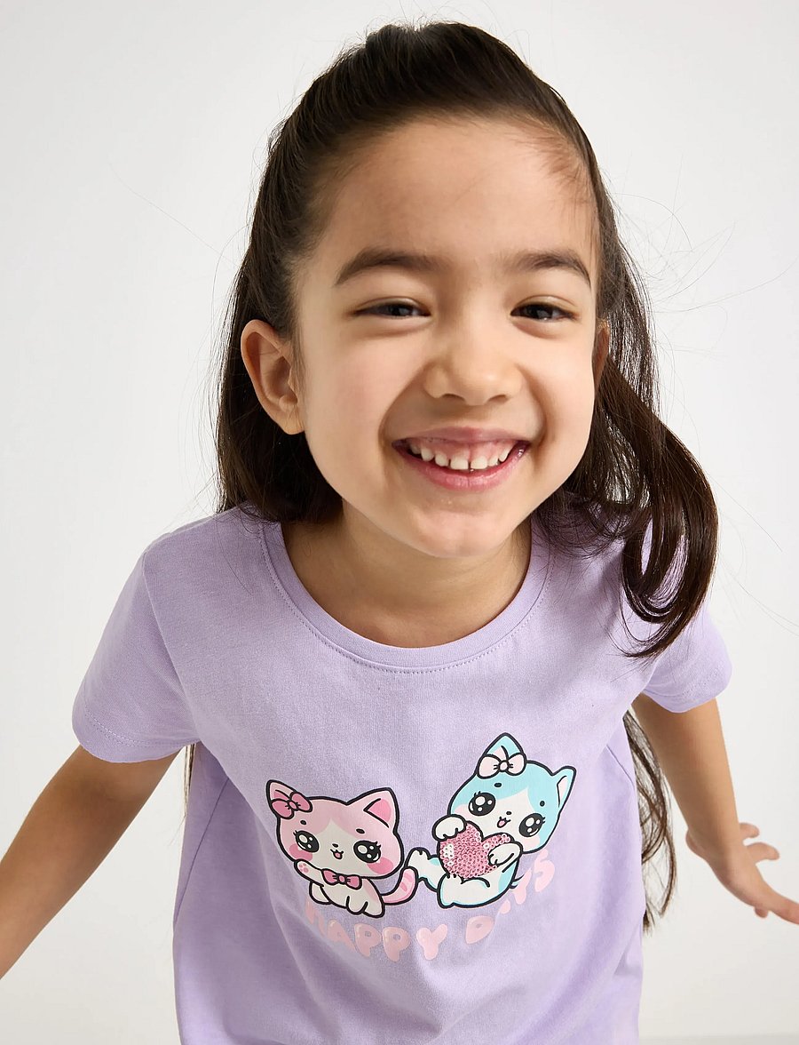 Lindex - Top ss cats with sequins plcem - kurzärmelige - light lilac - 4
