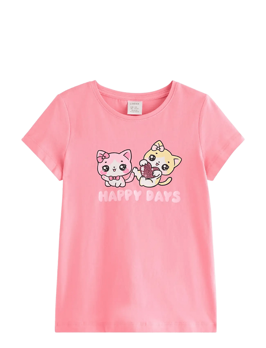 Lindex - Top ss cats with sequins plcem - kurzärmelige - pink - 1