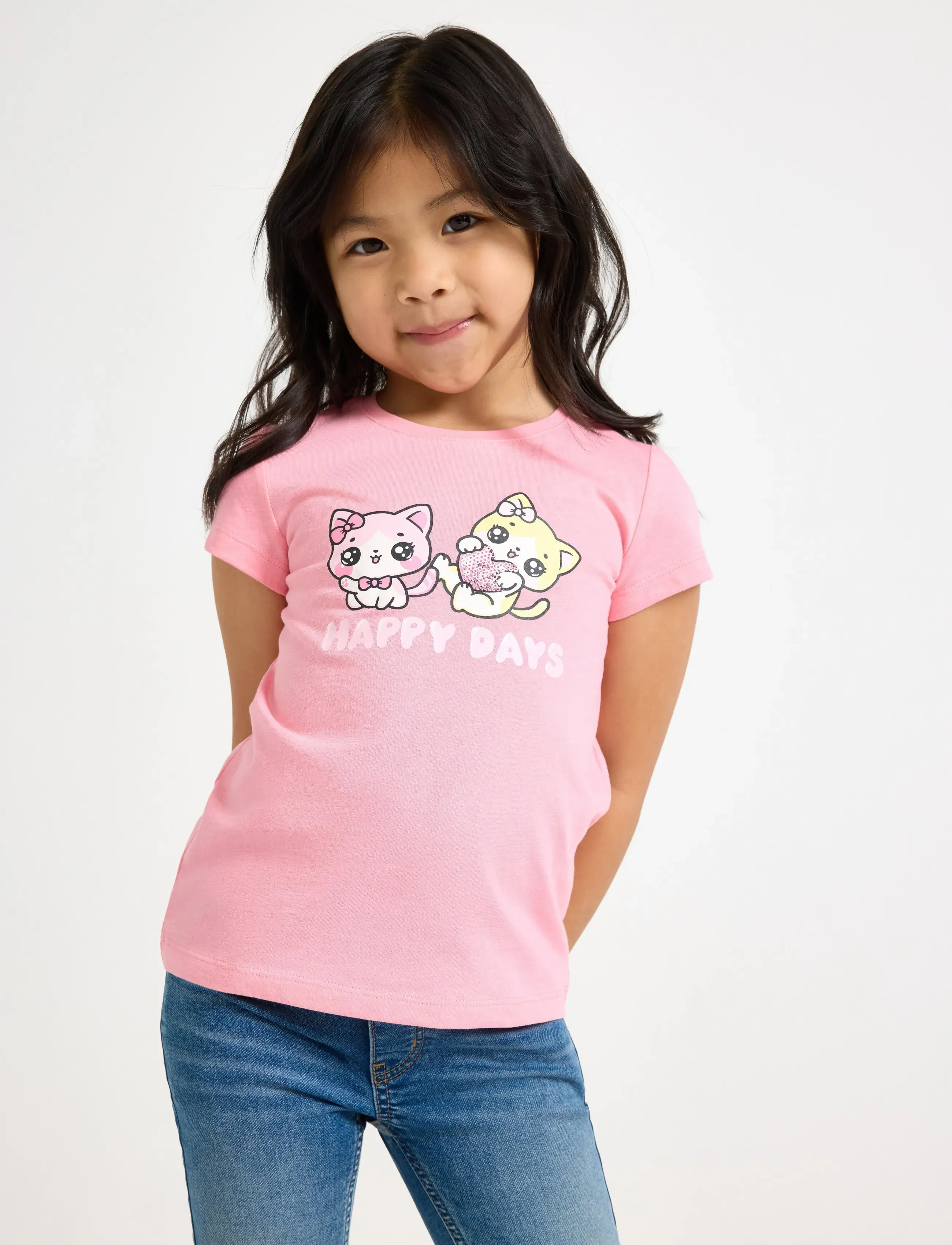 Lindex Top Ss Cats With Sequins Plcem, 104, Pink, T-Shirts > Kortærmede, Børn