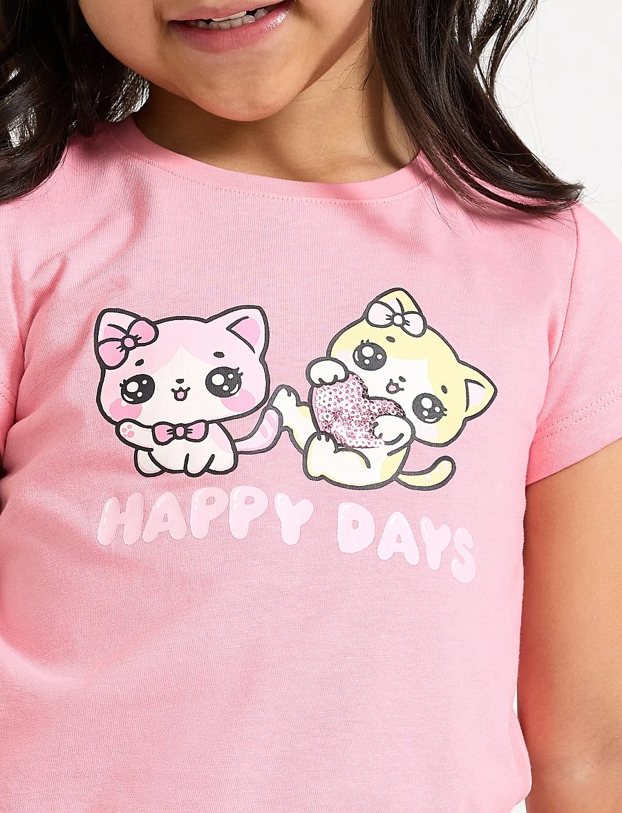 Lindex - Top ss cats with sequins plcem - kurzärmelige - pink - 4