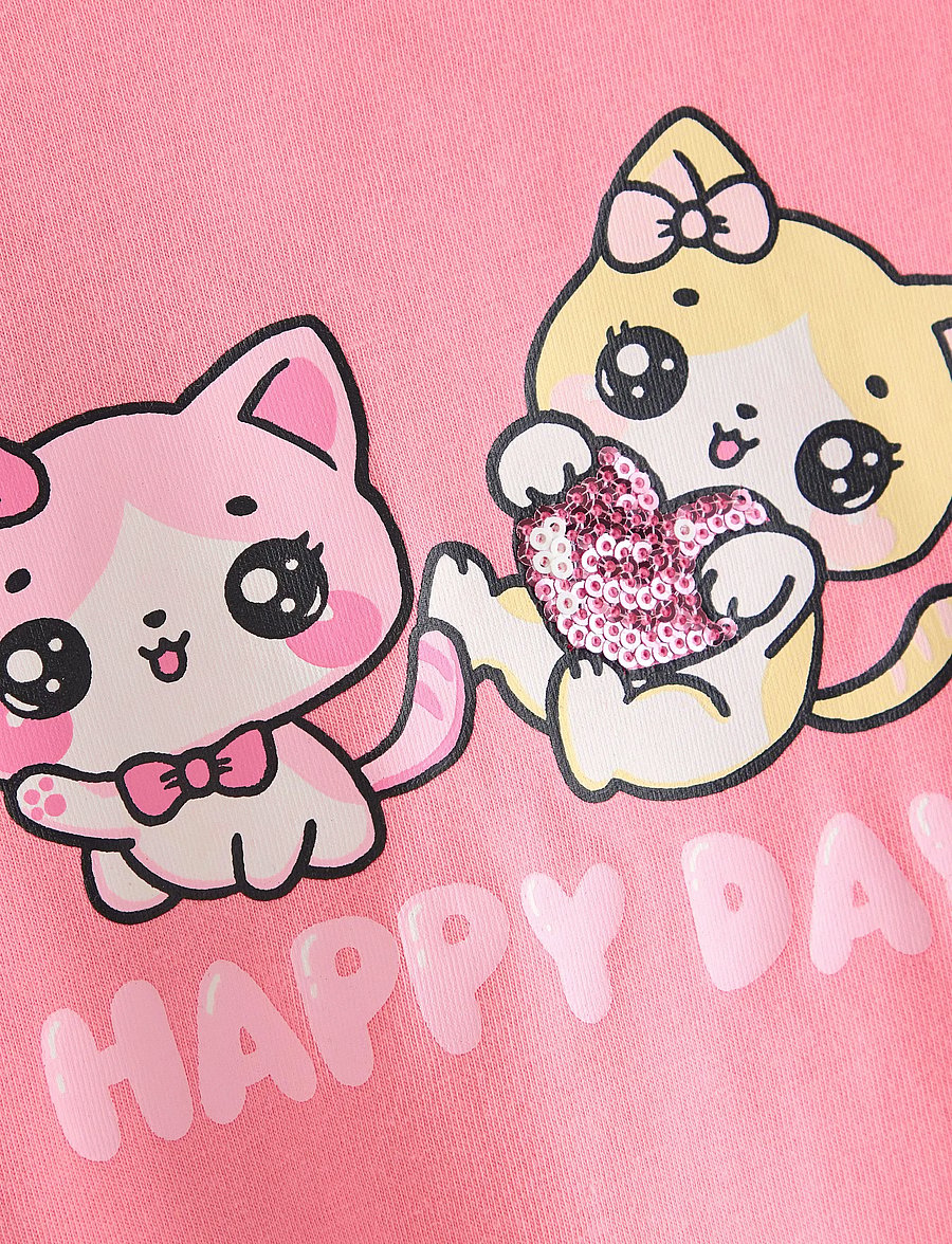 Lindex - Top ss cats with sequins plcem - kurzärmelige - pink - 5