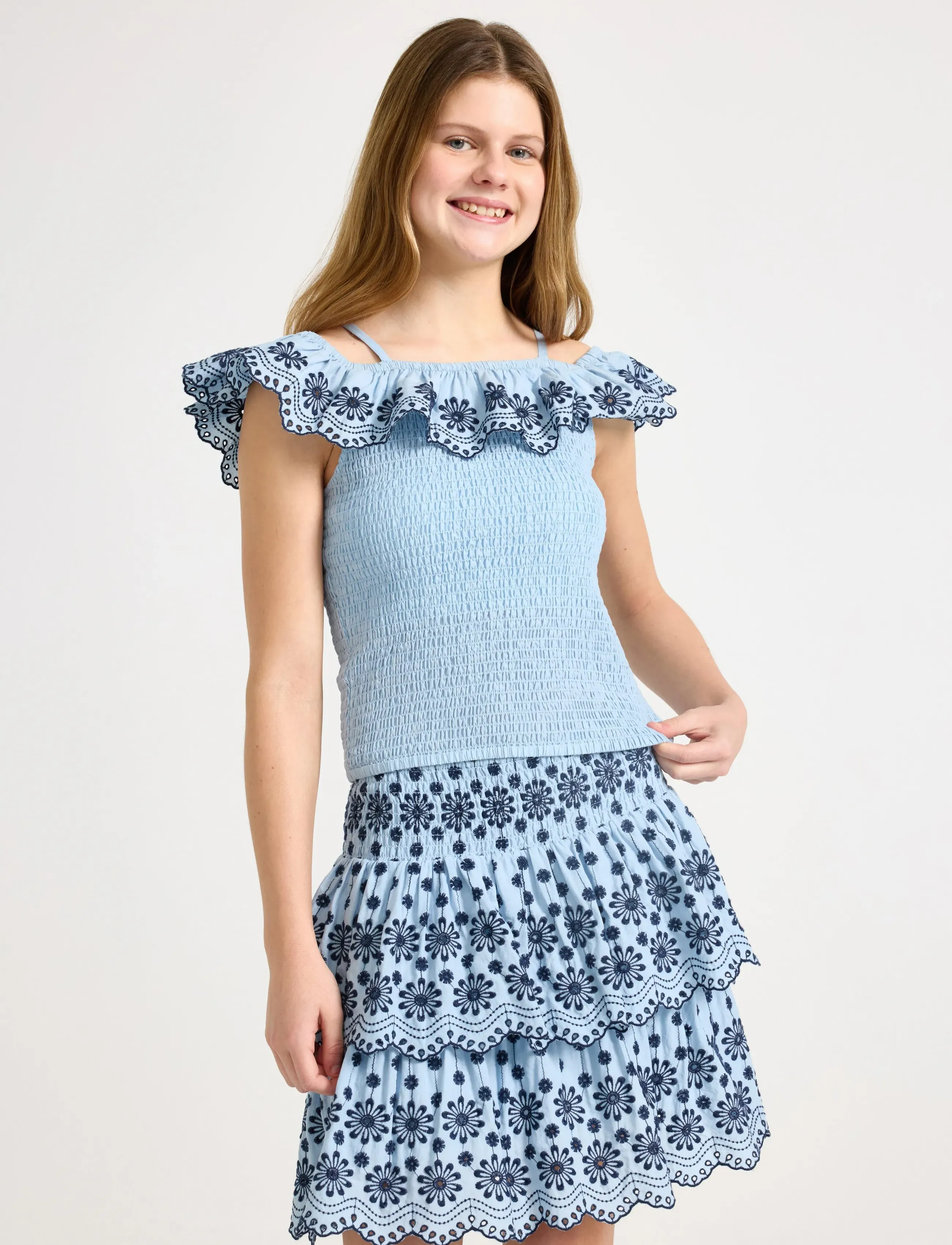 Lindex Top With Off Shoulder Design, Børn, Off Shoulder Flæse Top, Blå, Str: 128