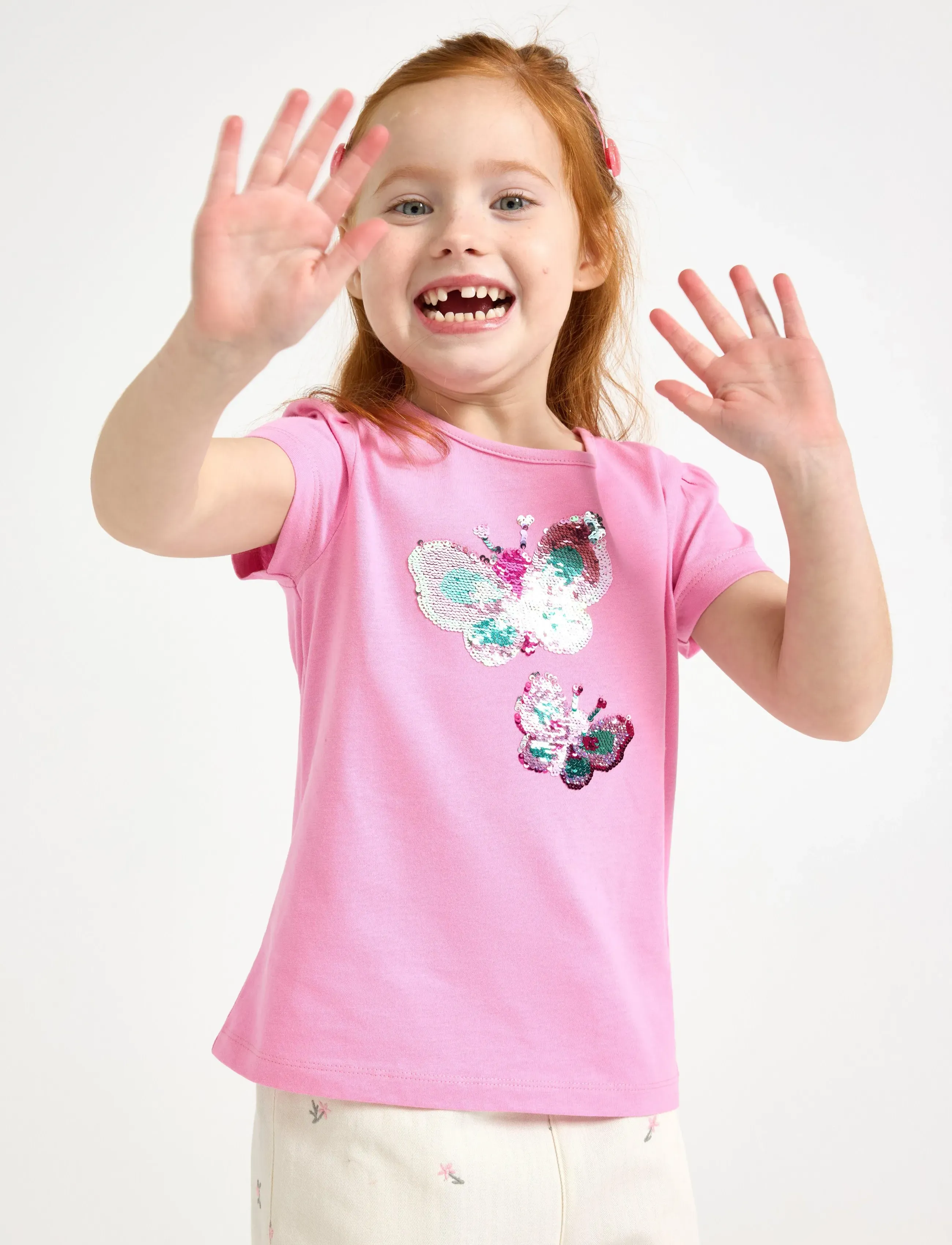 Lindex Short-Sleeved Top With Reversible Sequins Motif, Børn, Kortærmet Paillettop, Pink, Str: 104