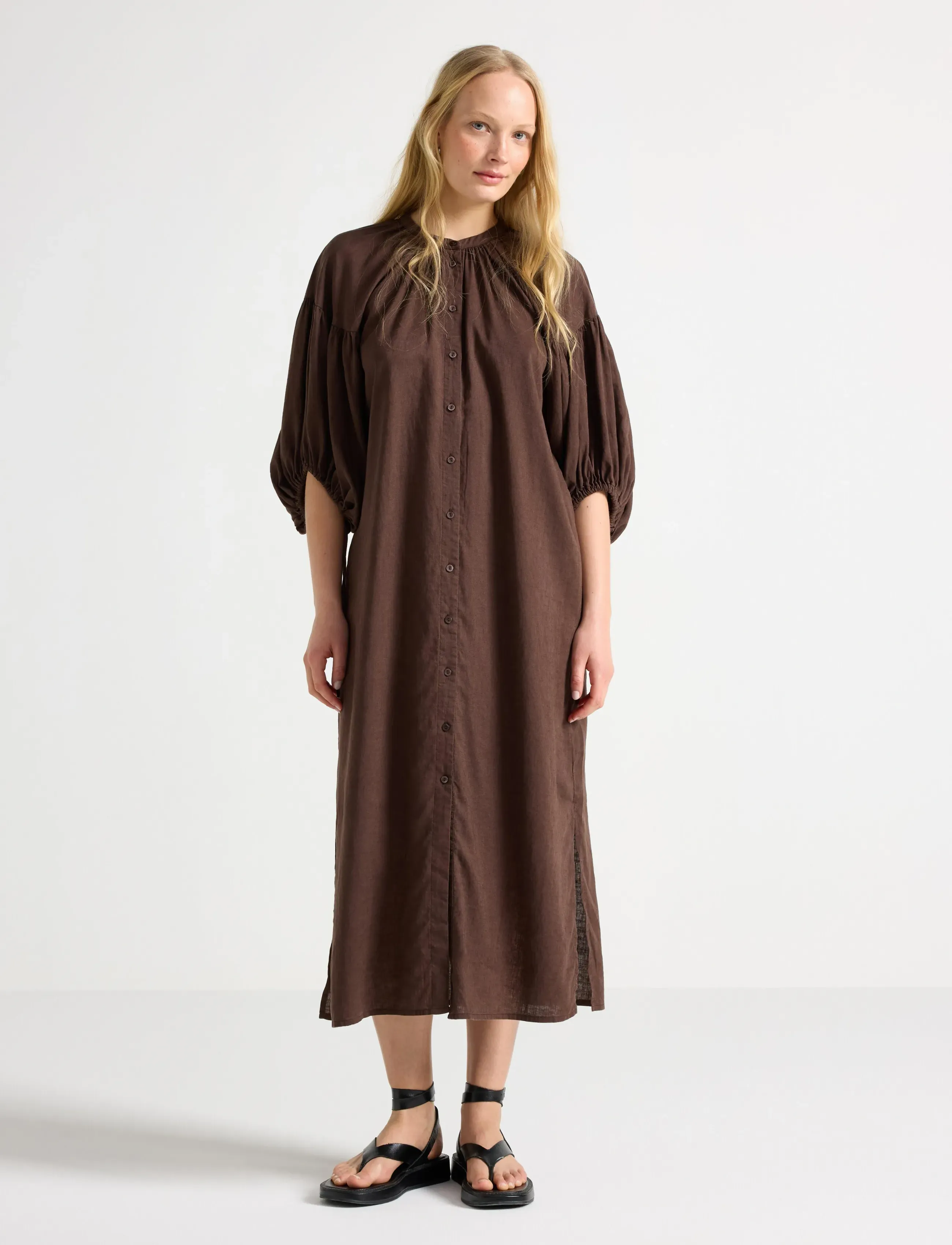 Lindex Midi Dress In Linen Blend, L, Brown, Kjoler > Knælange Og Midi, Dame