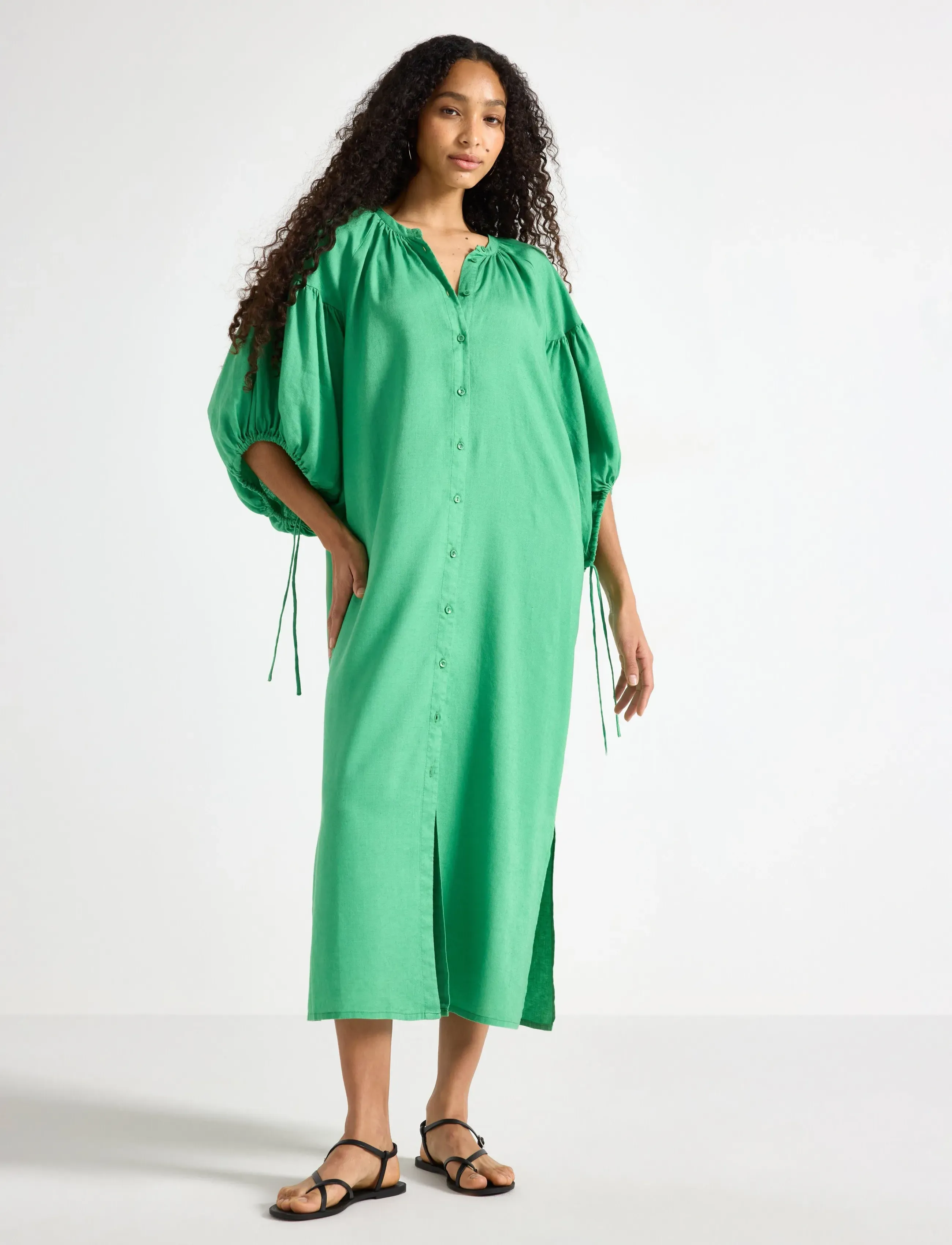 Lindex Midi Dress In Linen Blend, L, Green, Kjoler > Knælange Og Midi, Dame