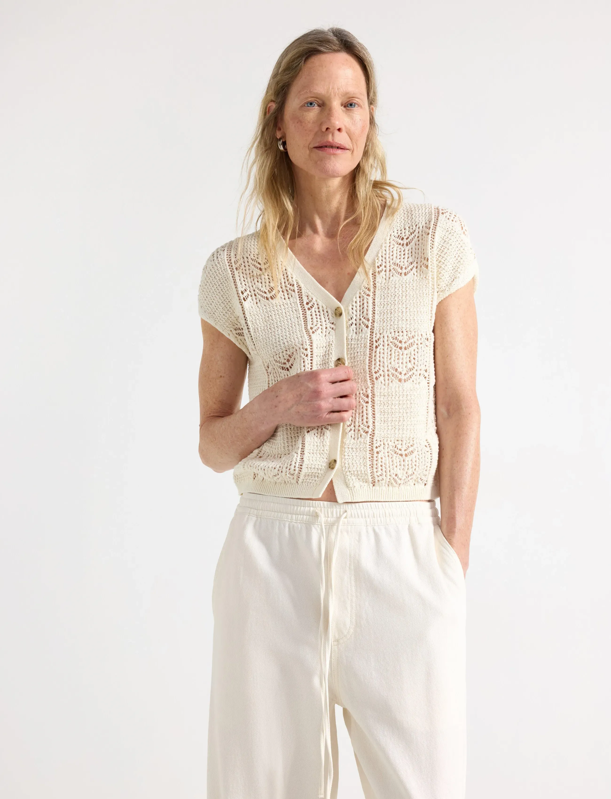 Lindex Sleeveless Cardigan, Kvinder, Strikket Ærmeløs Cardigan, Cream, Str: S