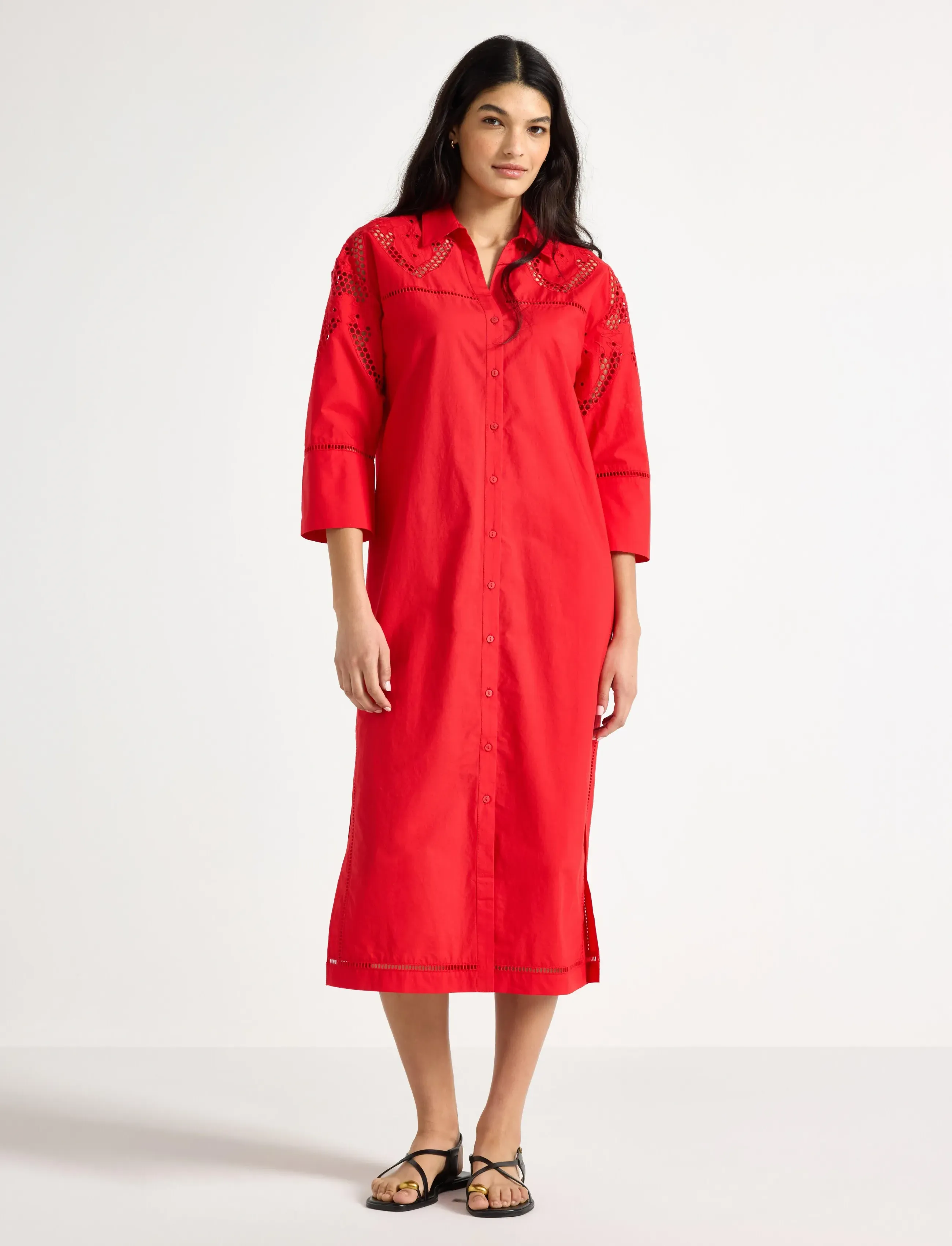 Lindex Midi Shirt Dress With Broderie Anglaise, L, Dresses, Rot - Knee-length & Midi, Frauen