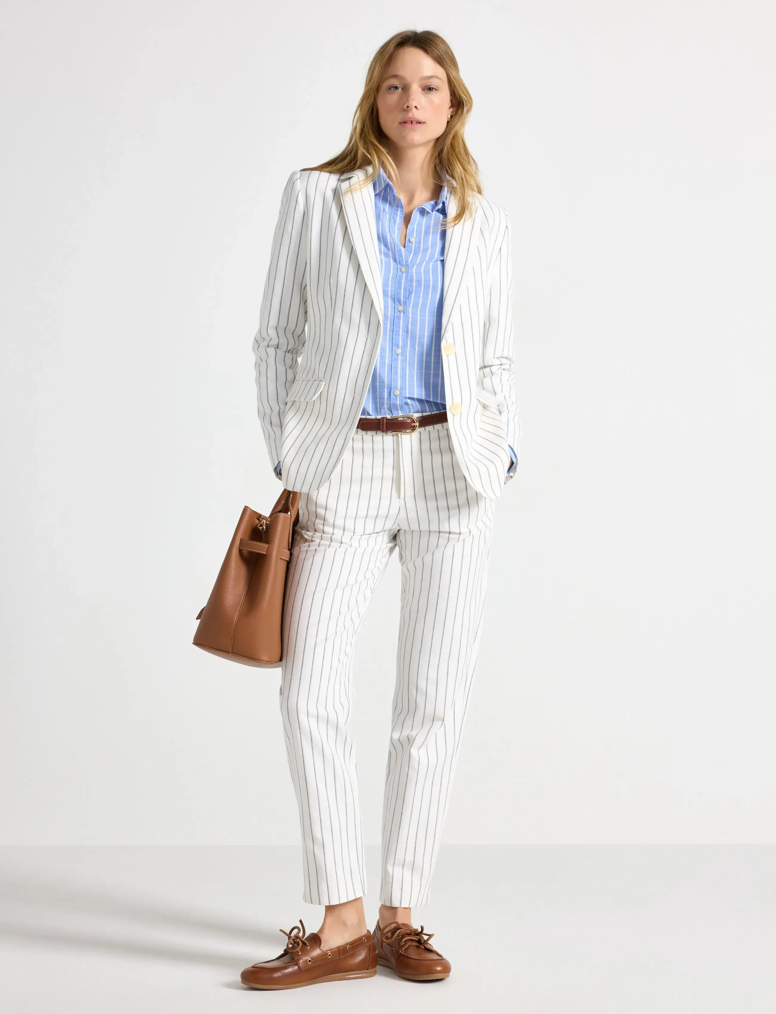 Lindex Trousers In Linen Blend, Kvinder, Stribede Ankelbukser, Hvid, Str: 40