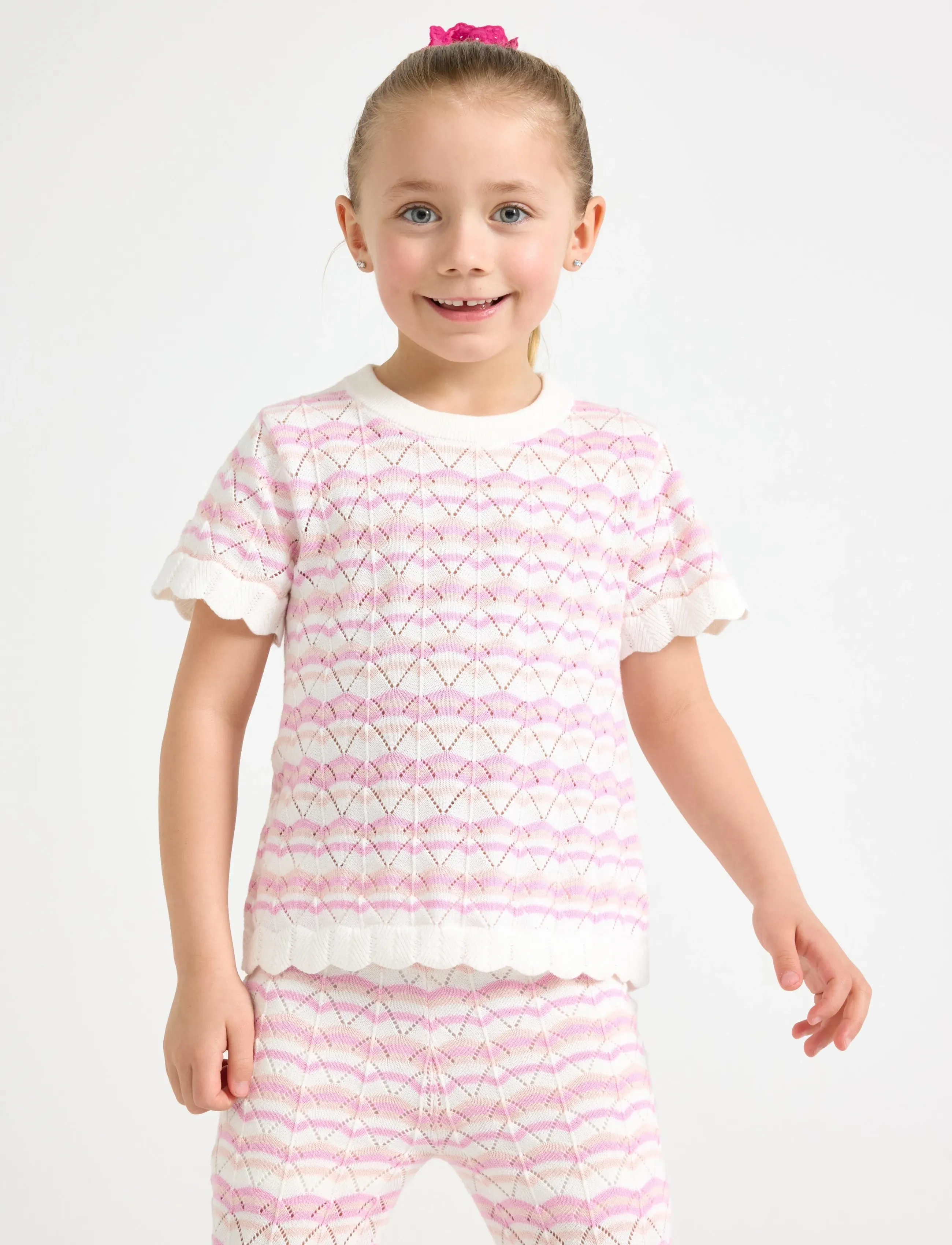 Lindex Pattern-Knit Top With Short Sleeve, Børn, Mønstret Strikket Kortærmet Top, Cream, Str: 116