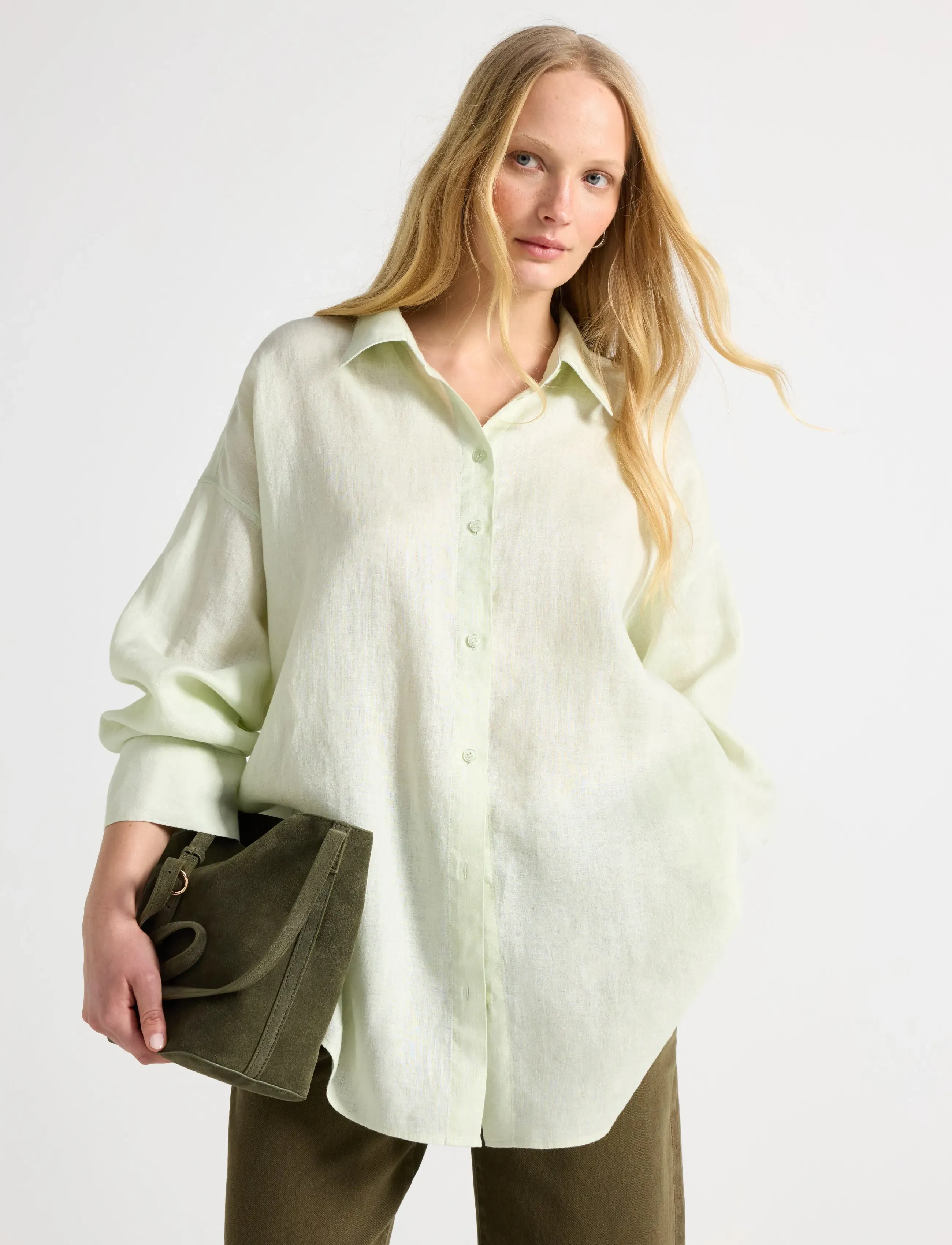 Lindex Linen Shirt, L, Green, Skjorter > Skjorter I Hør, Dame