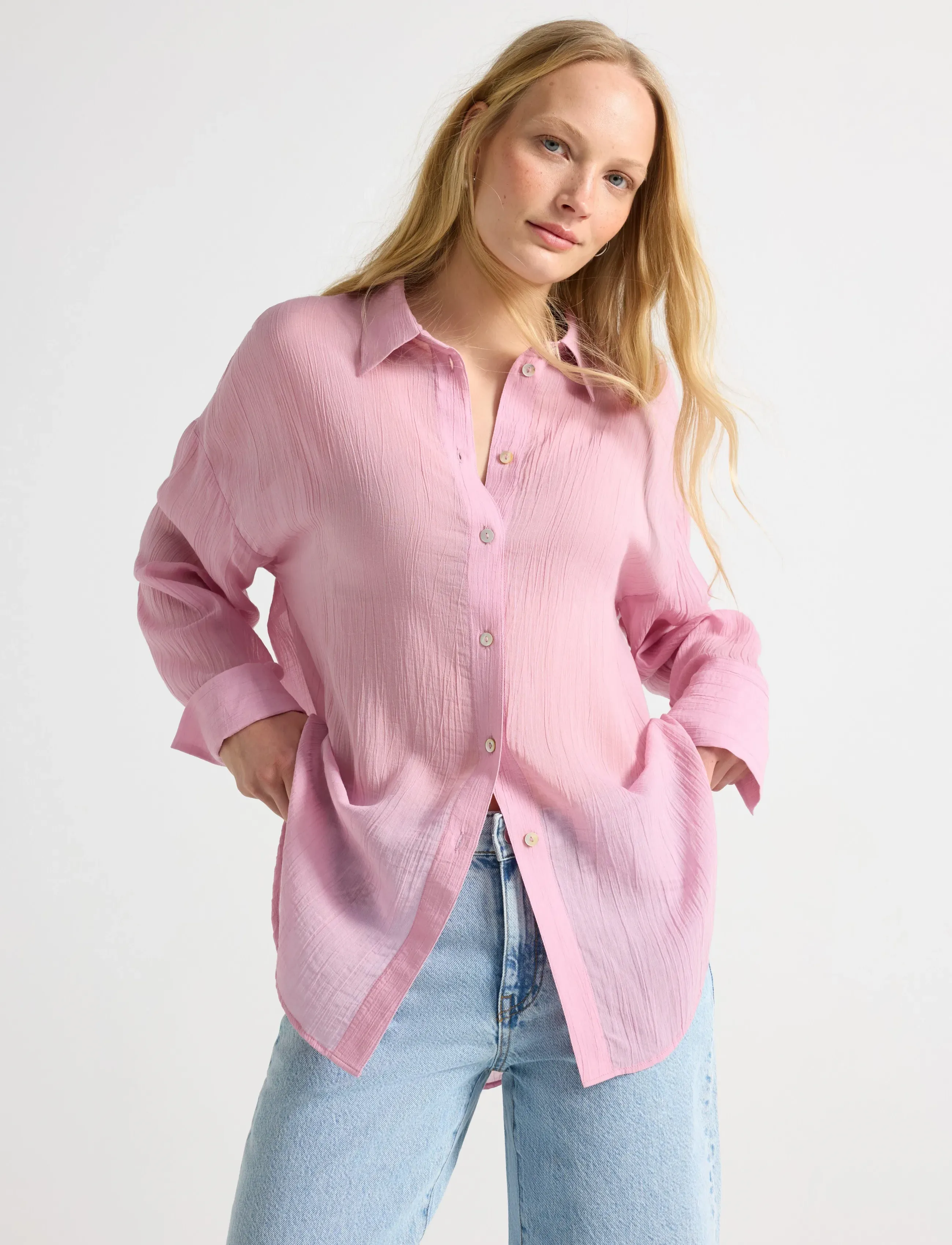 Lindex Sheer Blouse, S, Blouses, Rosa - Long-sleeved, Frauen