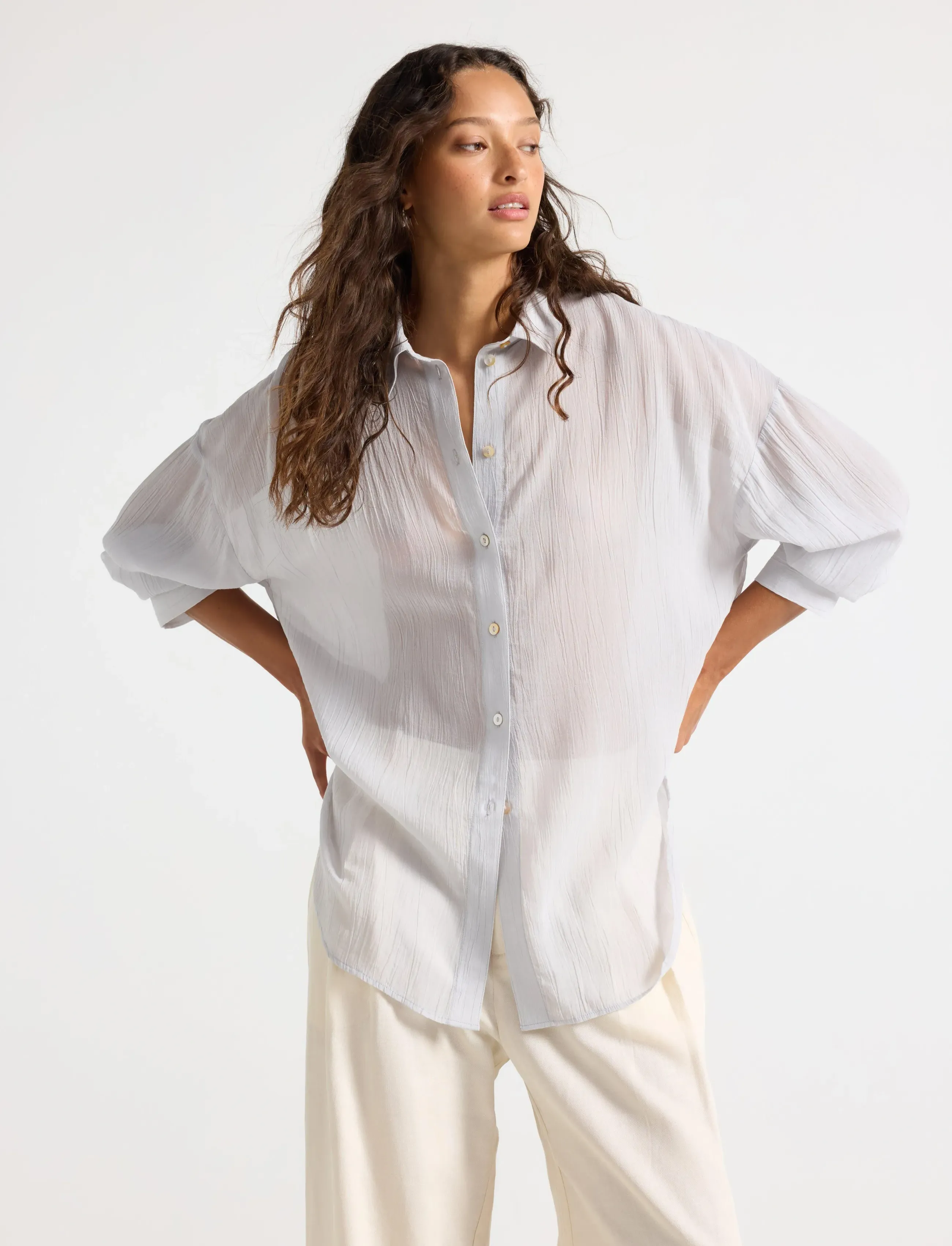 Lindex Sheer Blouse, XL, Blouses, Grau - Long-sleeved, Frauen