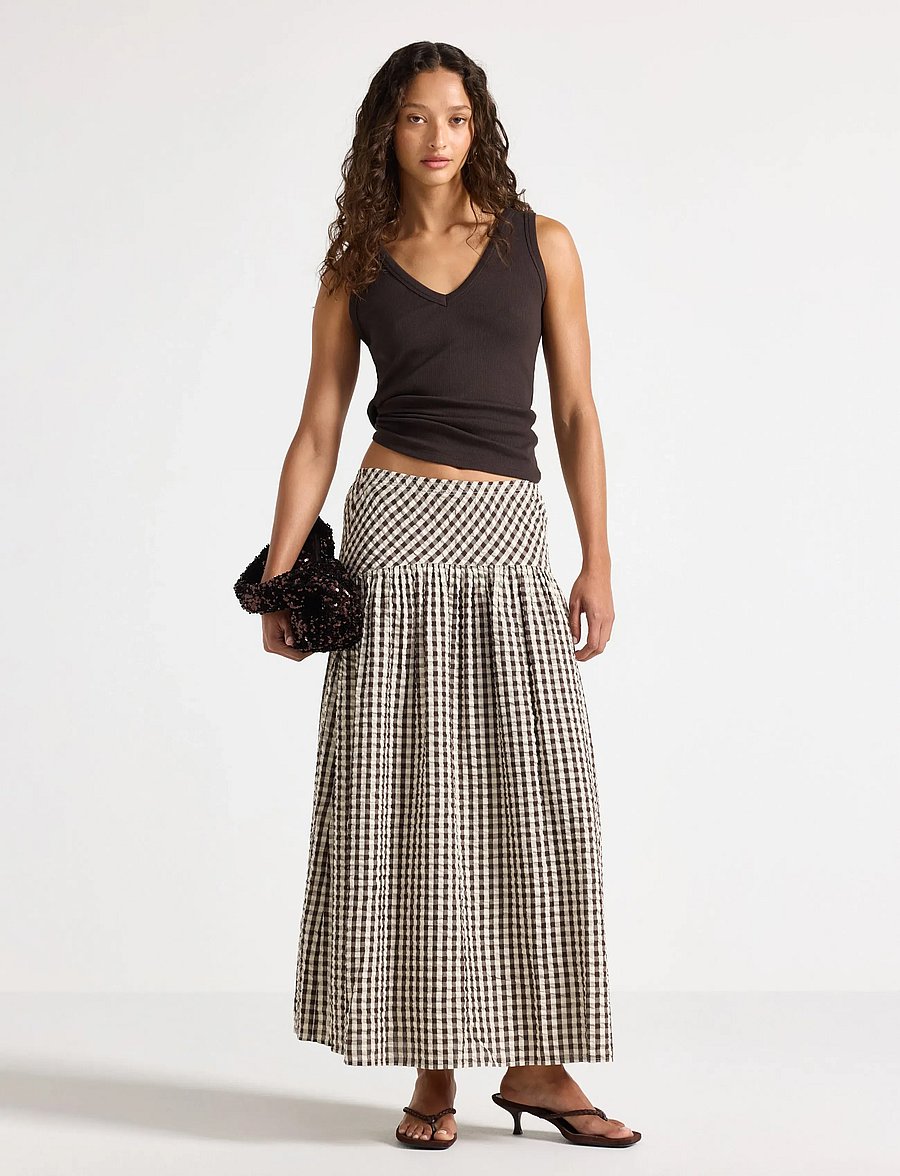 Lindex - Midi skirt in seersucker - midiseelikud - dark brown - 0