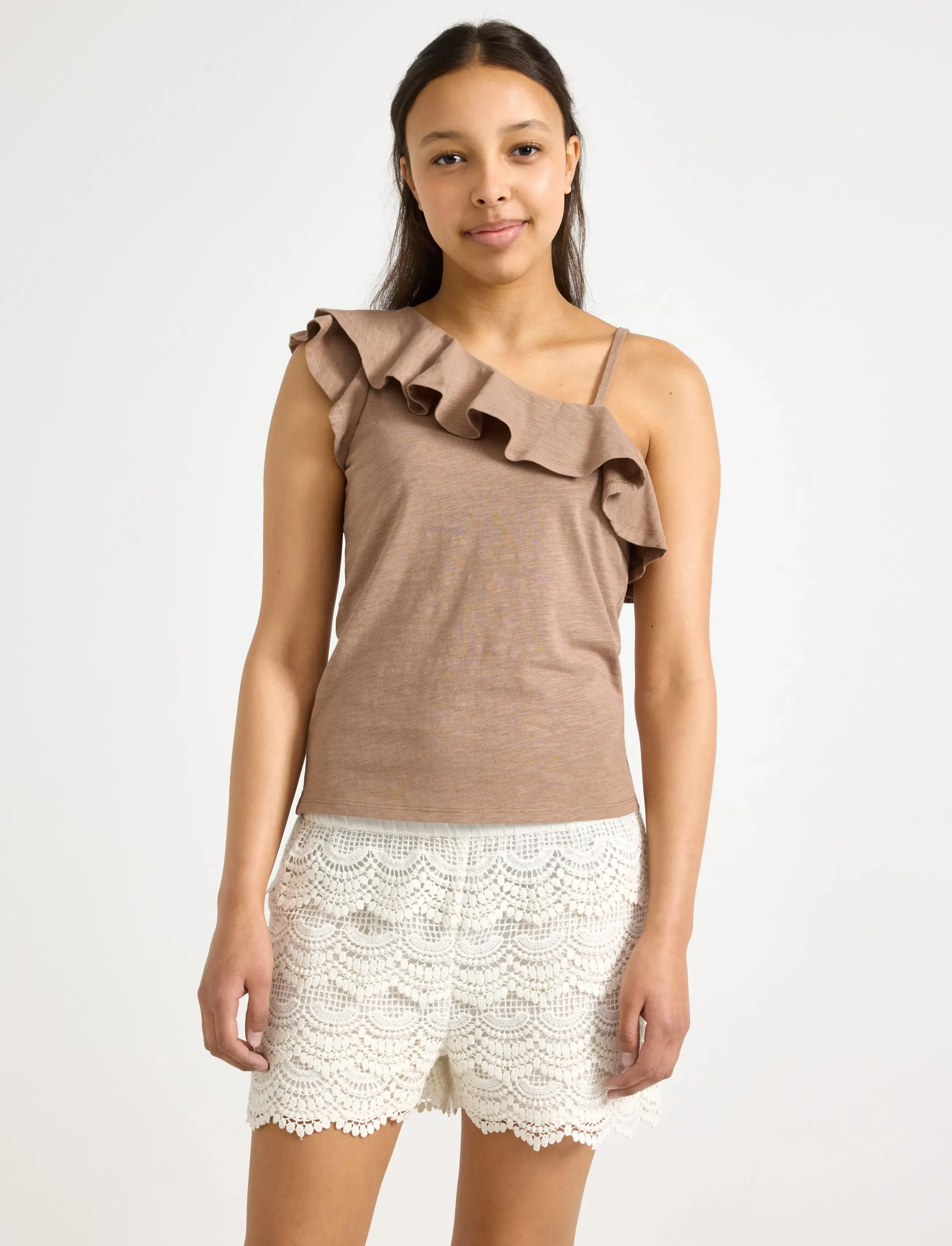 Lindex Top In Slub Jersey With One Shoulder Design, Børn, Flæset One Shoulder Top, Brun, Str: 170